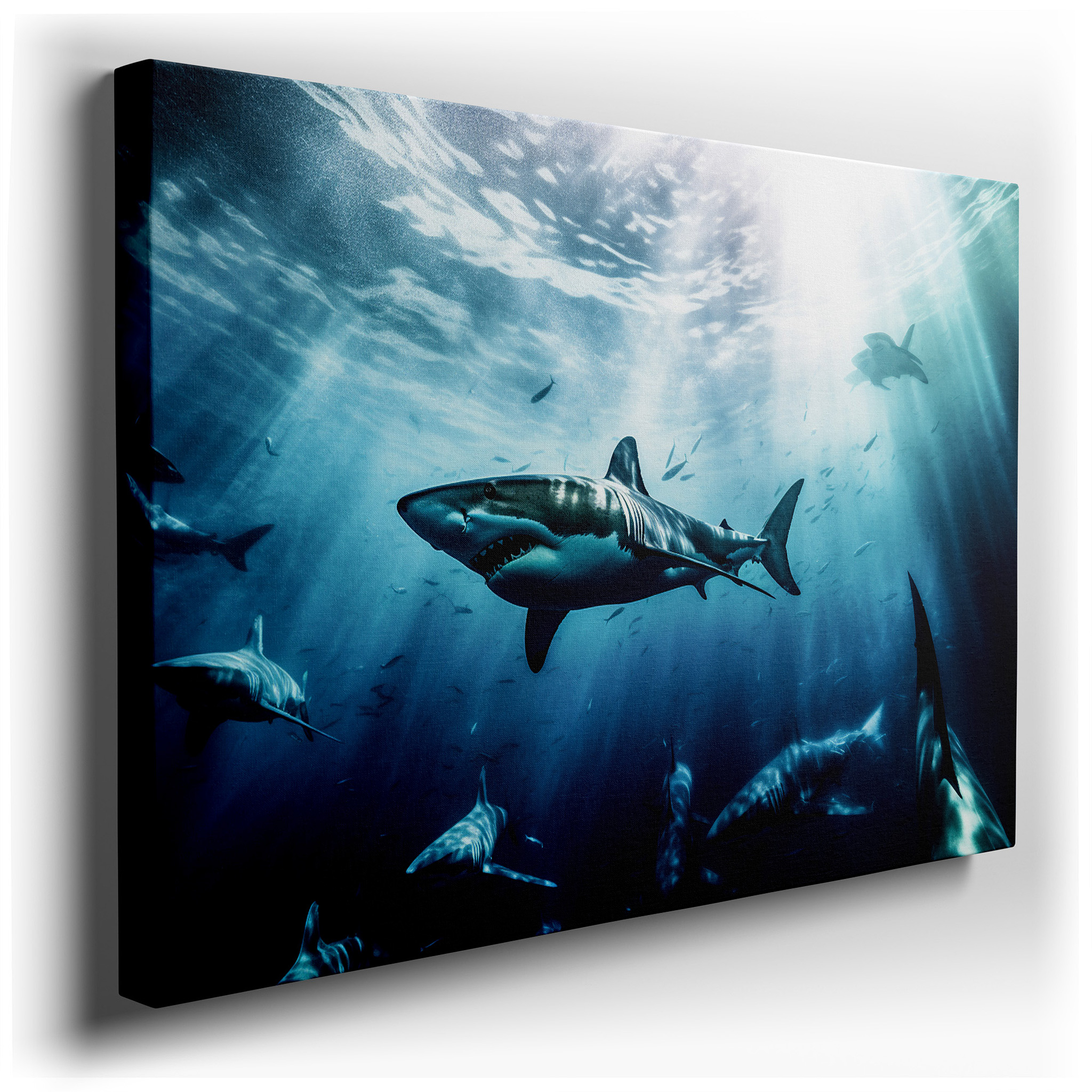 Serene Underwater Journey - Majestic Sharks and Luminous Seas. Large Canvas Wall Art for Office and Bedroom Decor