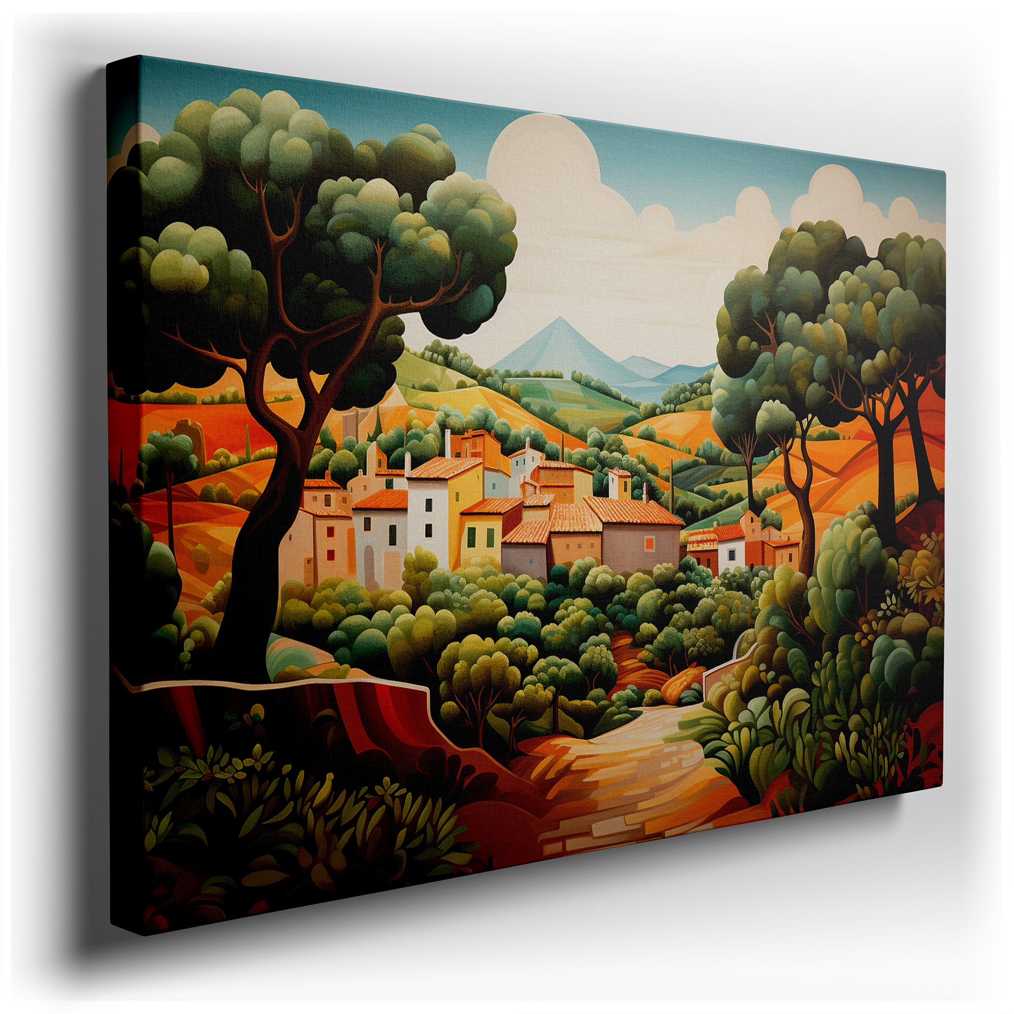 Serene Village Surrounded by Gentle Hills, A Lively Display of Countryside Appeal and Natural Balance - Large Canvas