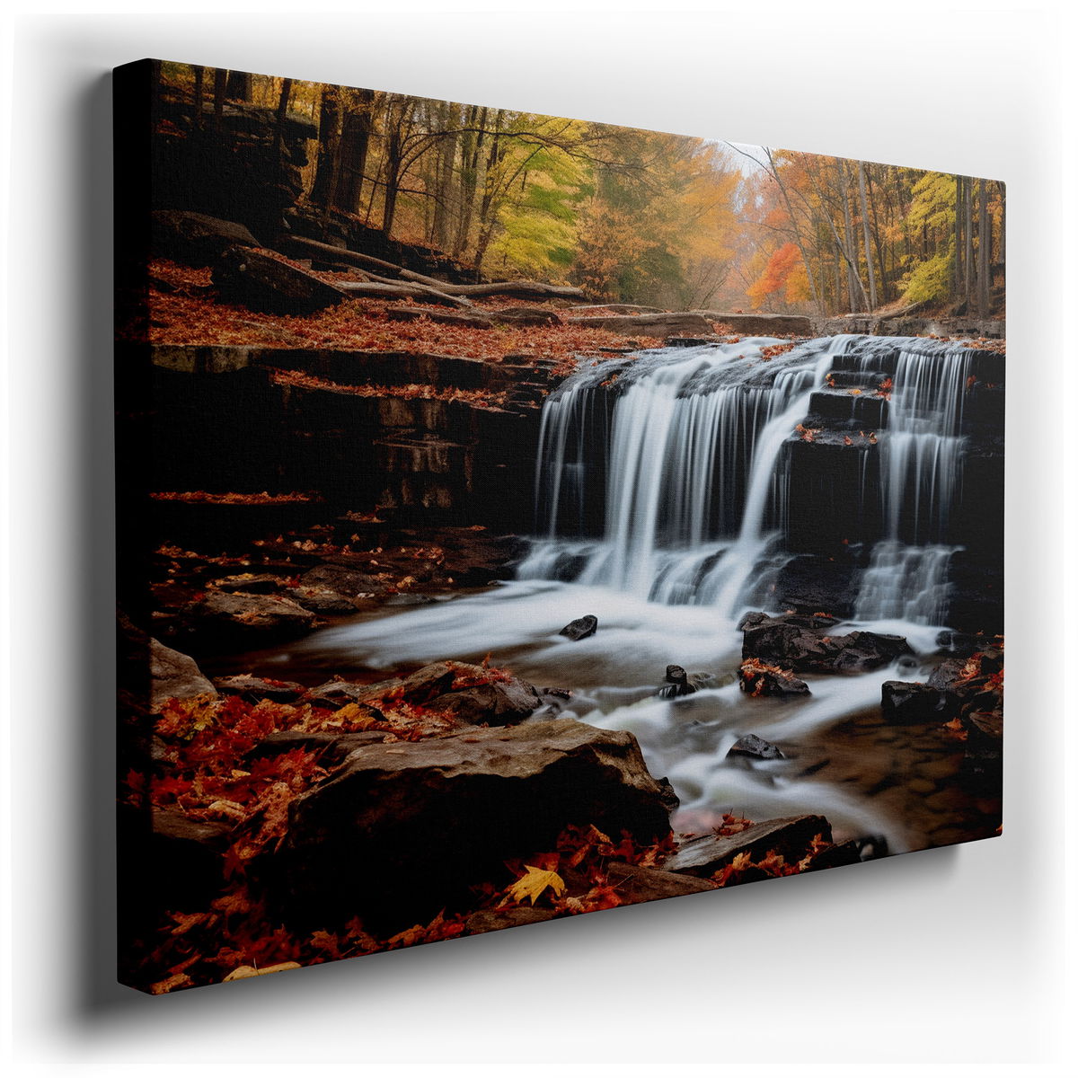 Serene Waterfall and Autumn Foliage - Tranquil Canvas Wall Art