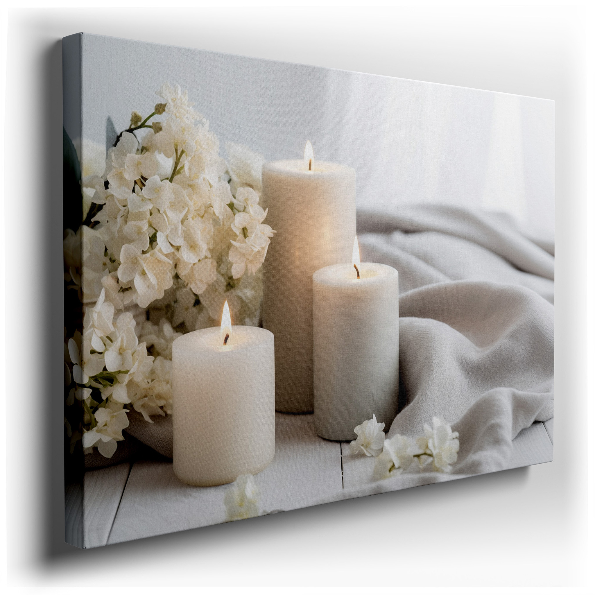 Serene White Flowers and Gentle Candlelight - Create a Peaceful Haven in Any Space with Large Canvas Art for Offices