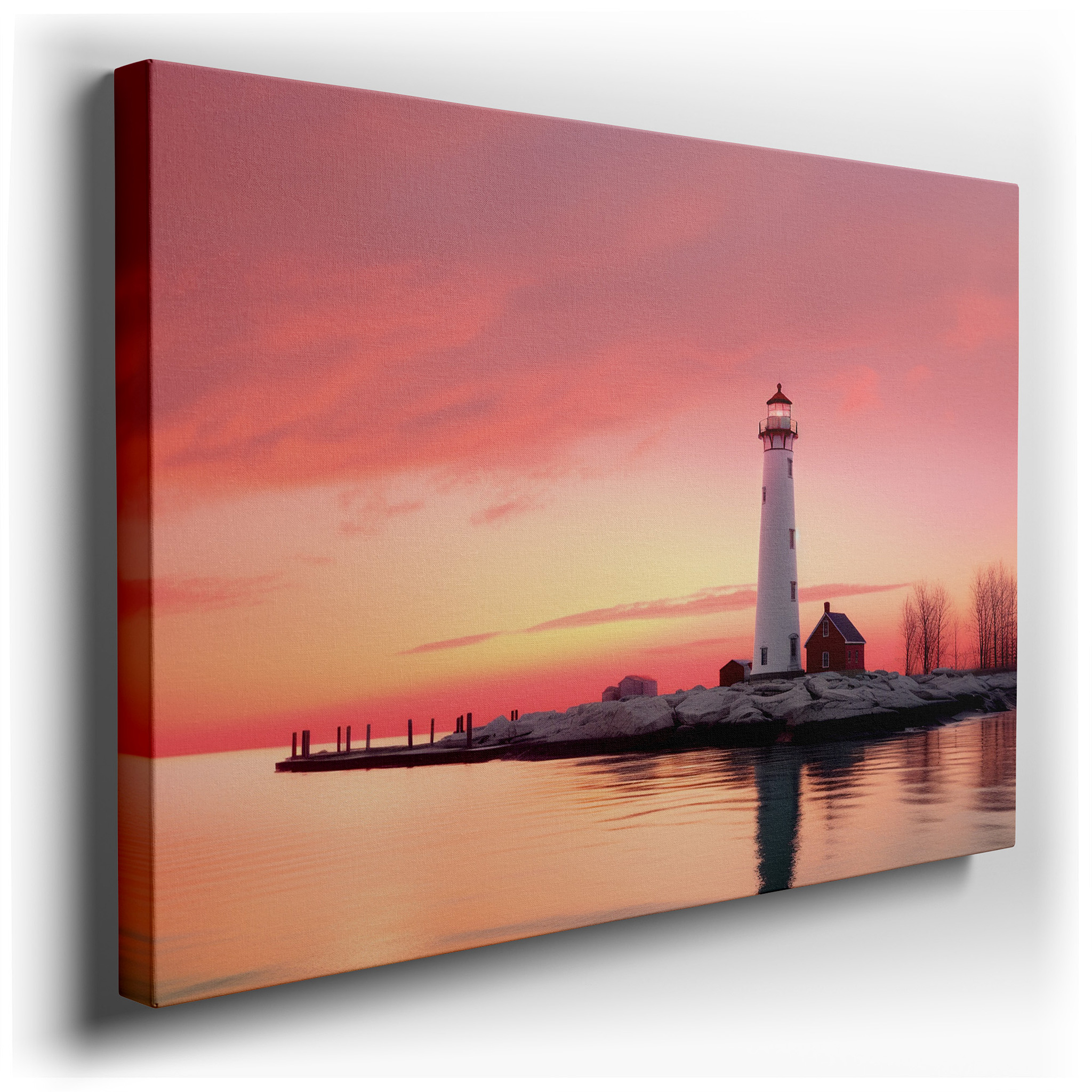 Serene White Lighthouse at Sunset - A Symbol of Peace and Hope, Large Canvas Wall Art for Office and Bedroom Decor