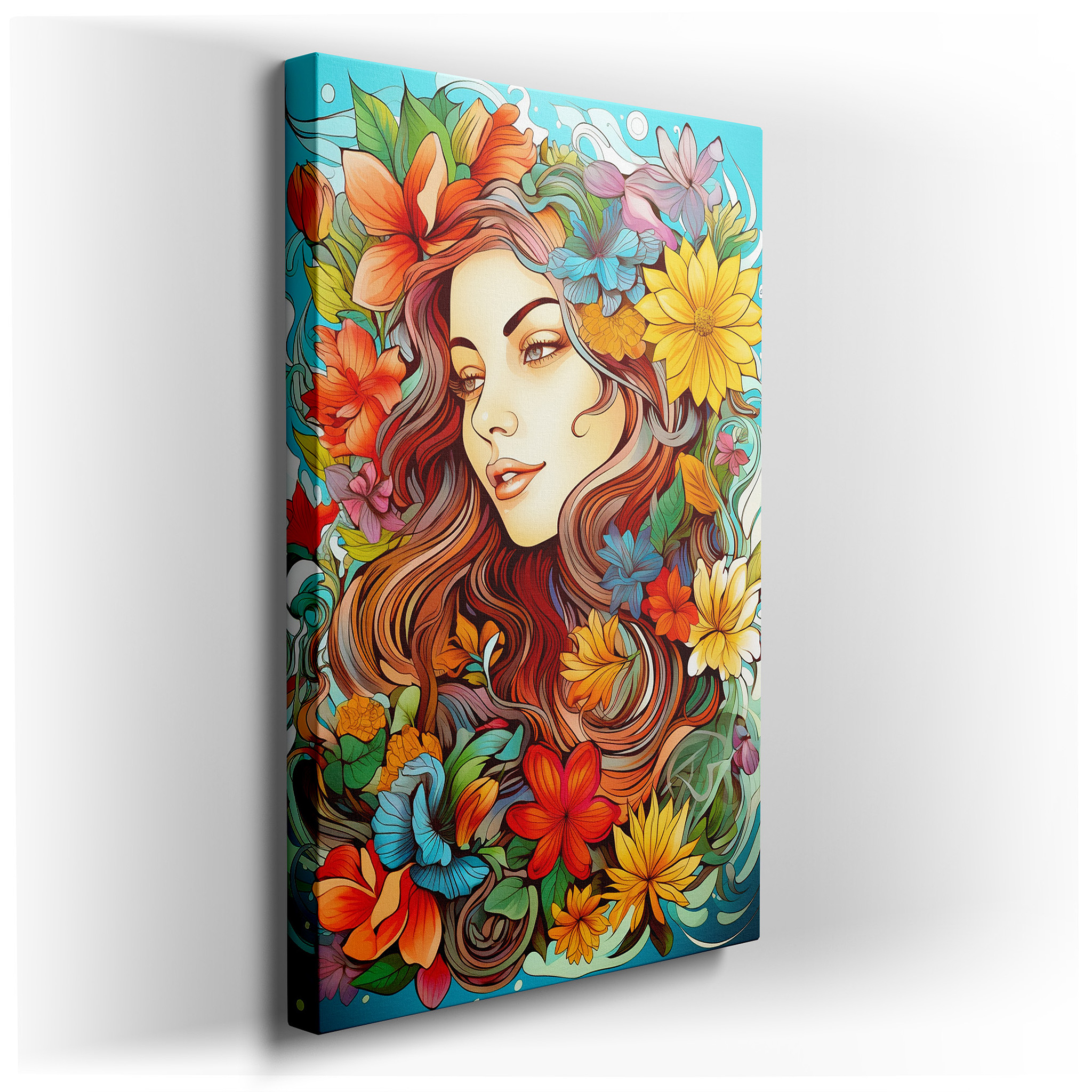 Serene Woman Surrounded by Vibrant Flowers, A Playful Blend of Natural Beauty and Feminine Elegance, Large Canvas Wall