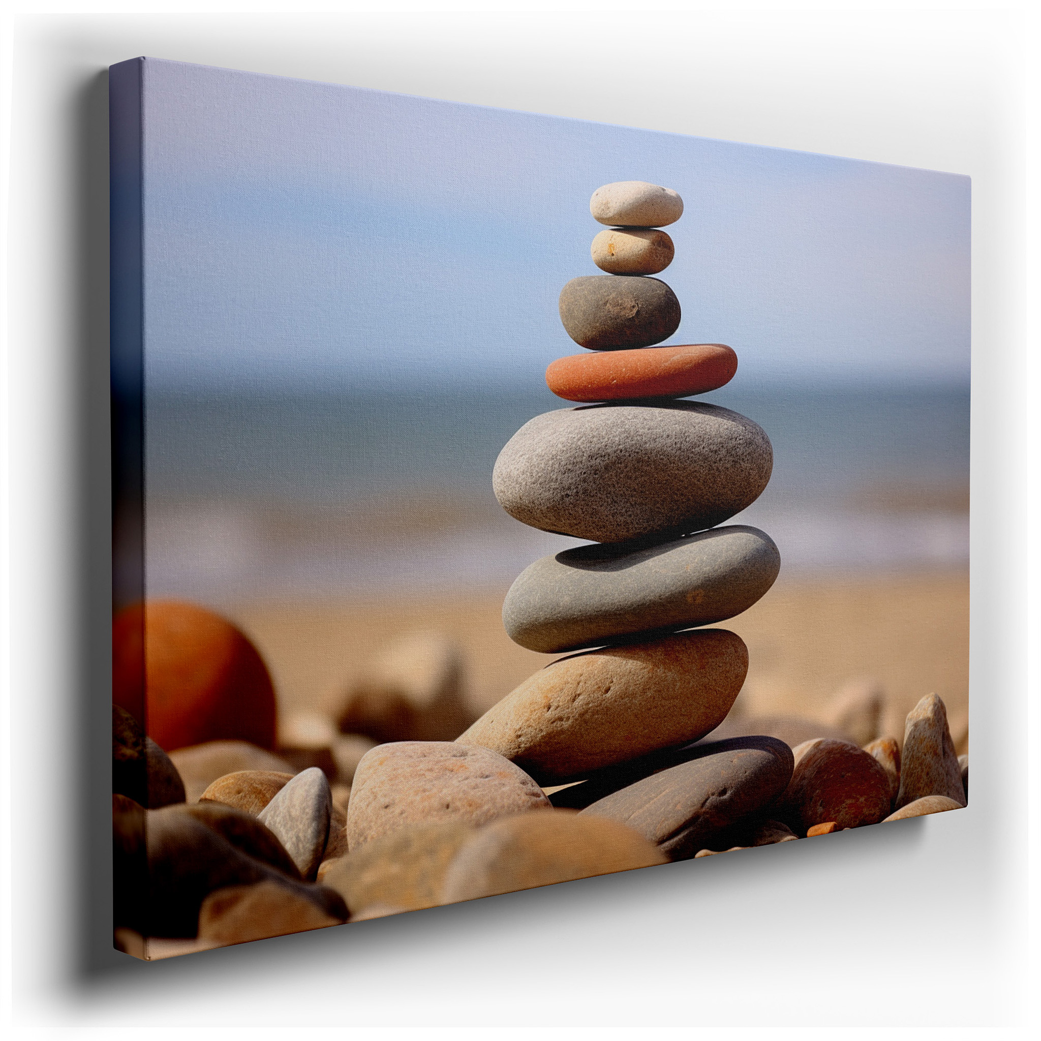 "Serenity in Balance" - Pebbles on a Tranquil Beach for Calm and Reflection. Large Canvas Wall Art for Office and
