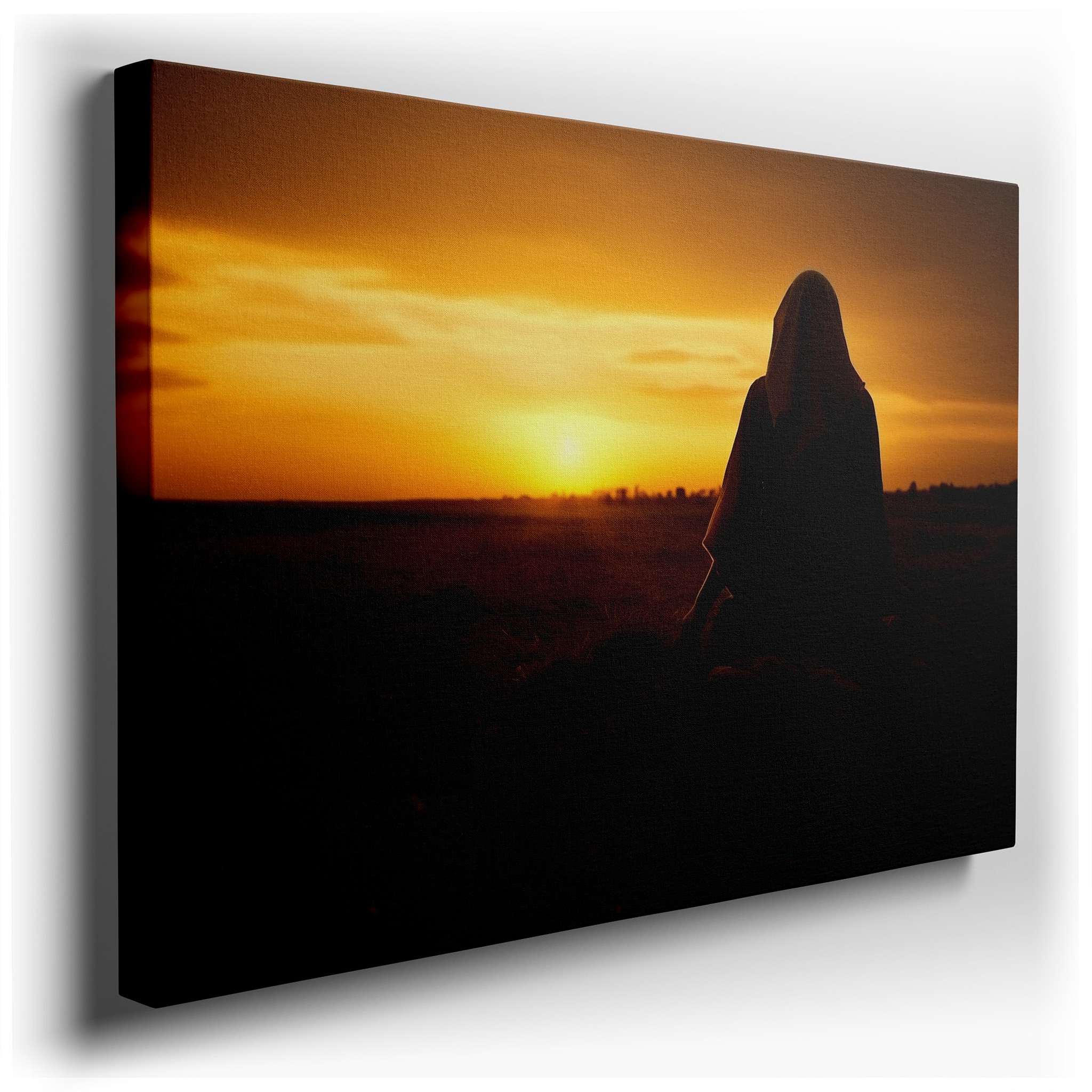 "Silhouette of Serenity" - Woman in Hijab Against Sunset Landscape, Large Canvas Wall Art for Office and Bedroom Decor