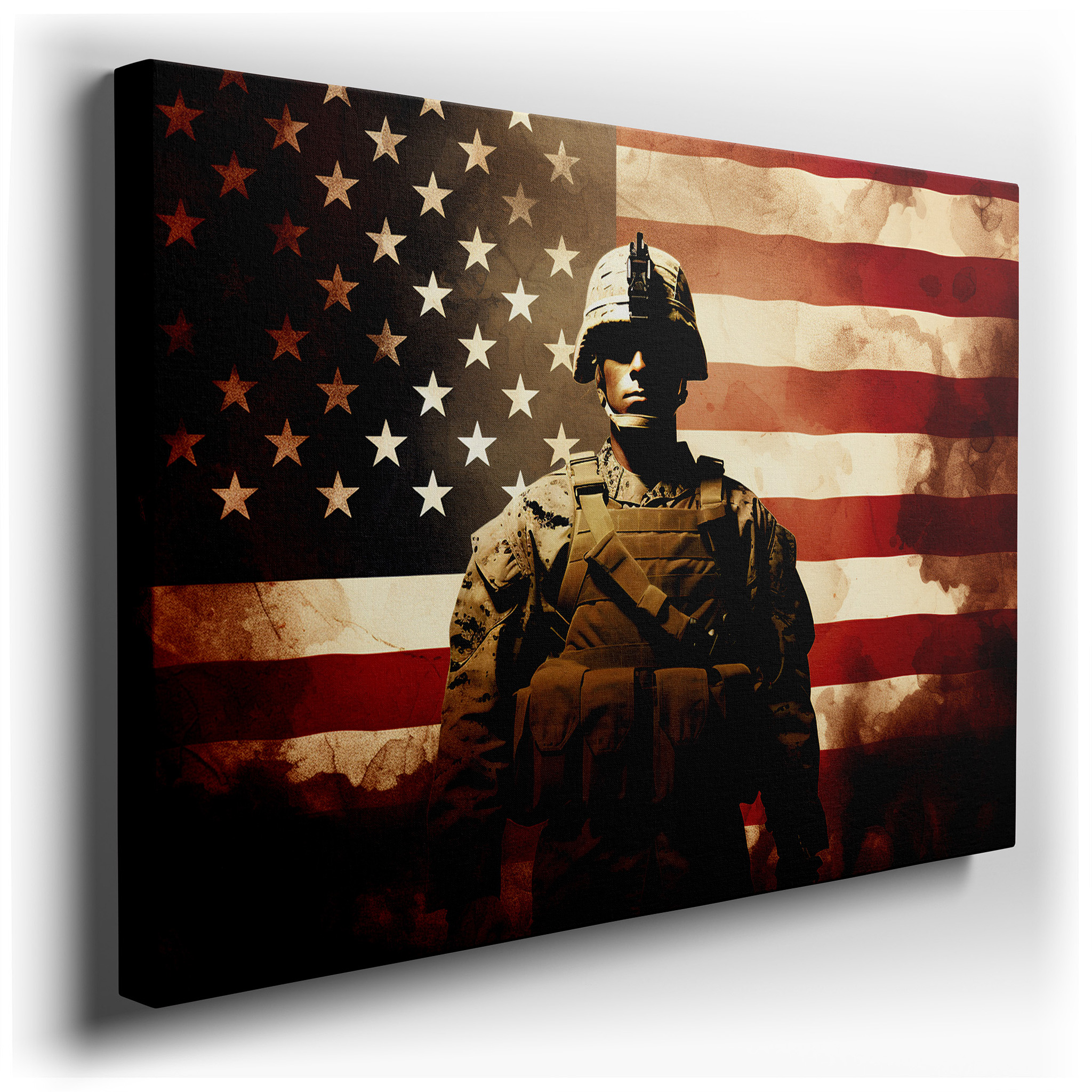 Soldier Silhouette and American Flag - Celebrating Bravery, Sacrifice, and Patriotism. Large Canvas Wall Decor. wrapped