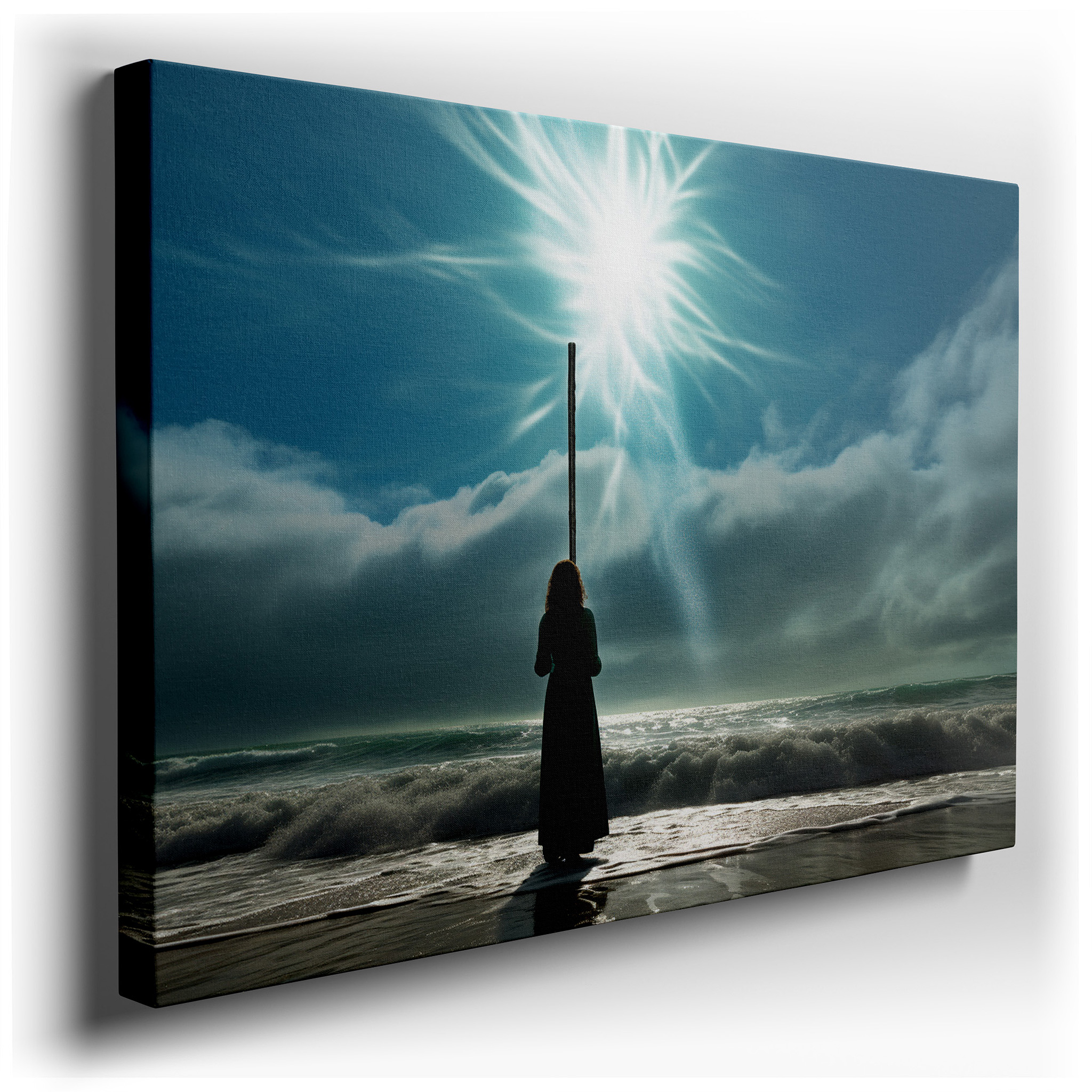 Solitary Figure with Staff on Beach - Emblem of Guidance and Spiritual Strength. Ideal for Living Room, Office, or