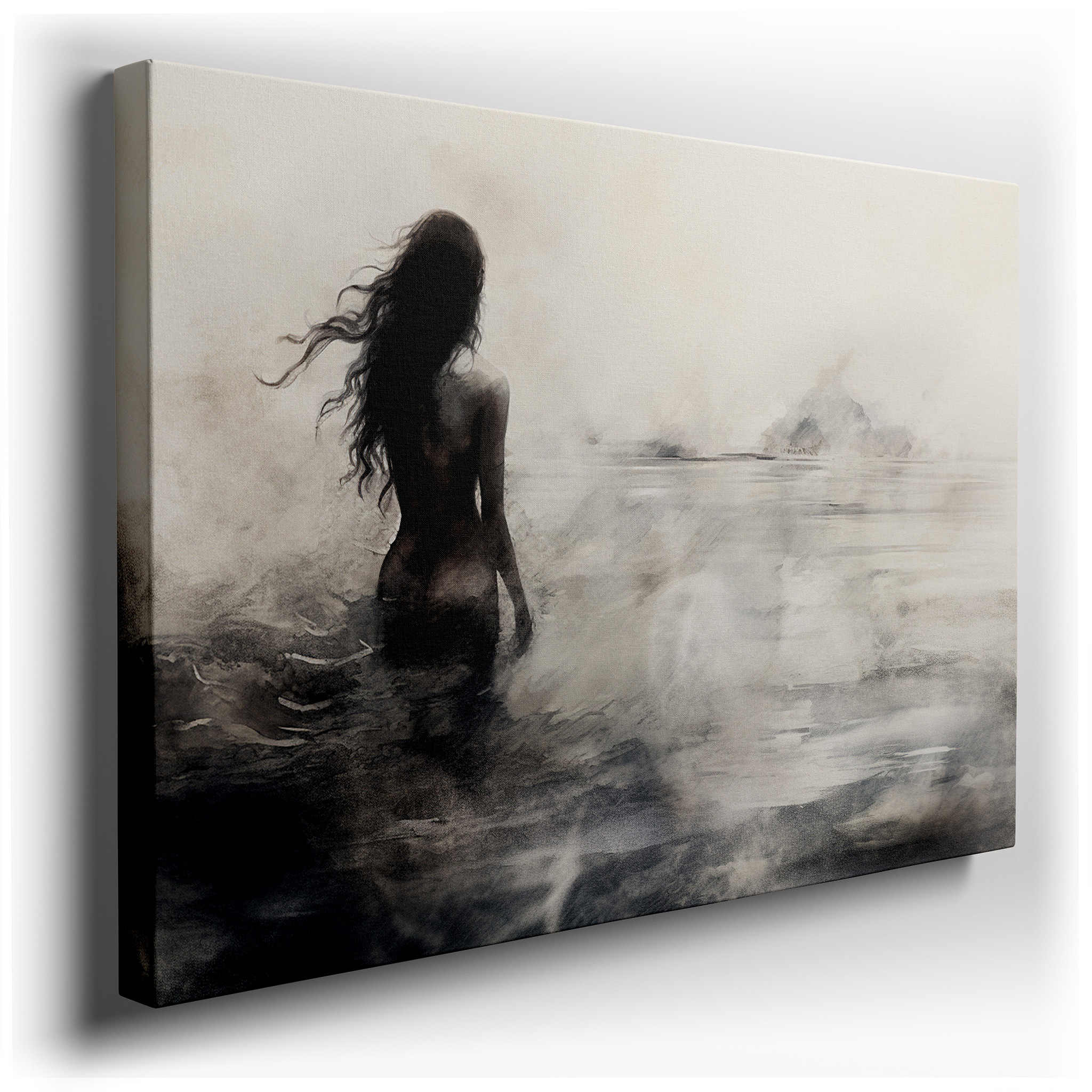 "Solitary Silhouette in Misty Waters" - A Serene and Haunting Depiction of Isolation. Ideal for Large Wall Spaces,