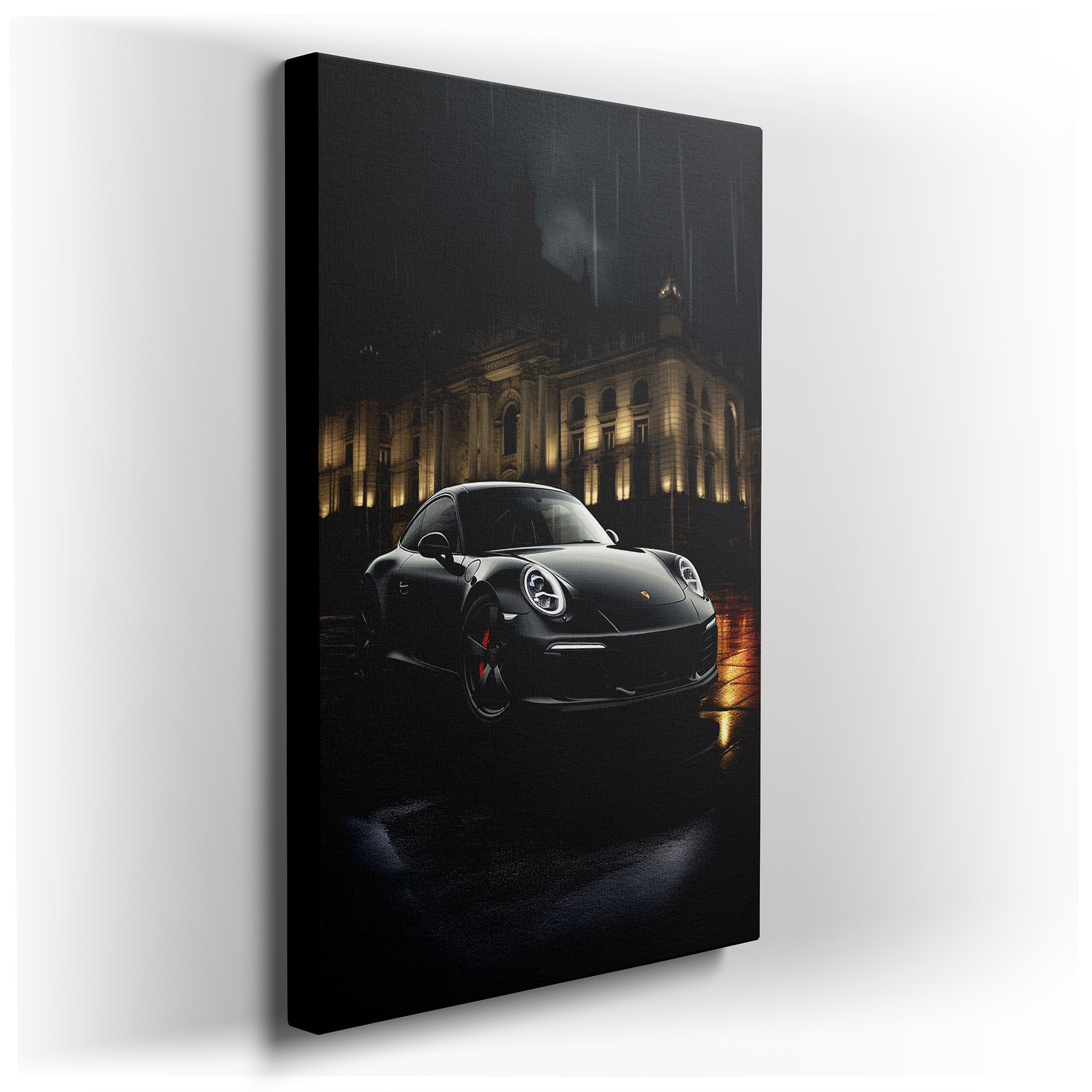 Stunning Porsche 911 in Rain with Vibrant City Lights and Historical Grandeur - Large Canvas Wall Art for Office Decor