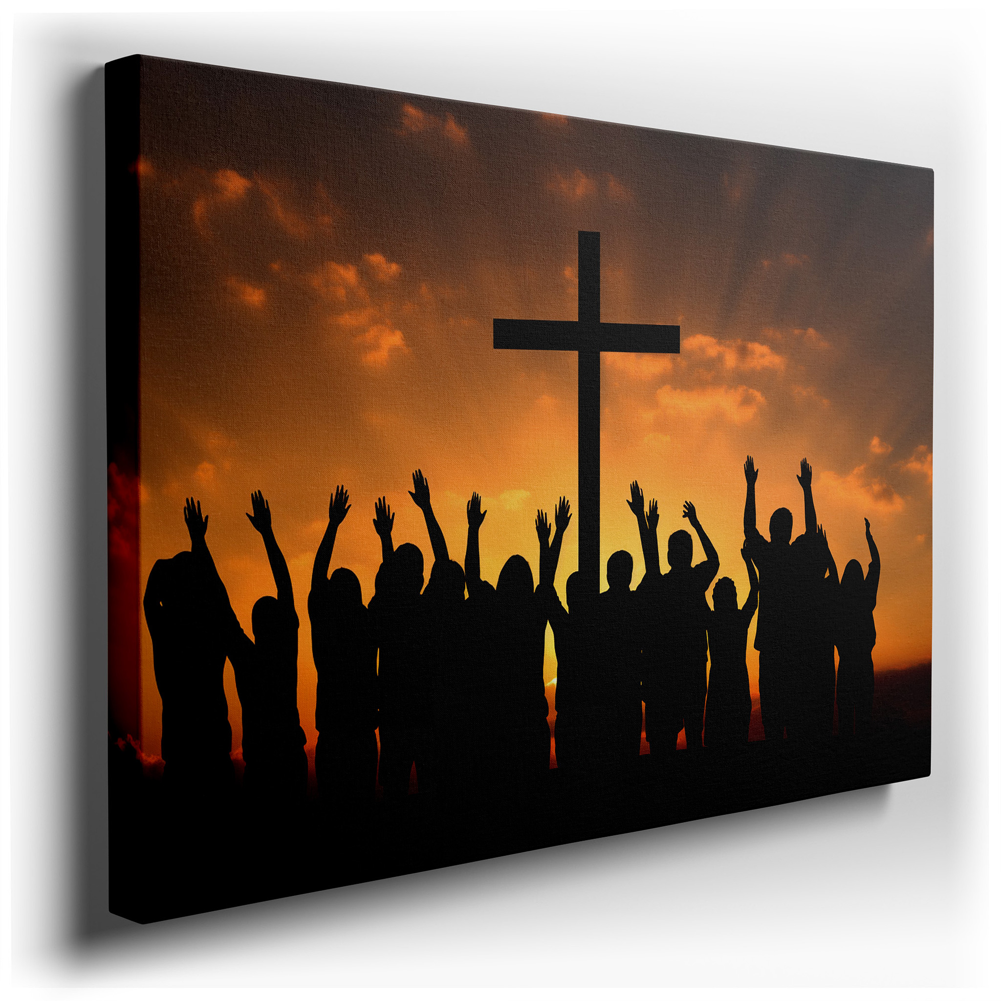 "Sunset of Hope and Unity" featuring silhouetted figures around a cross - Large Canvas Wall Art for Office and Bedroom