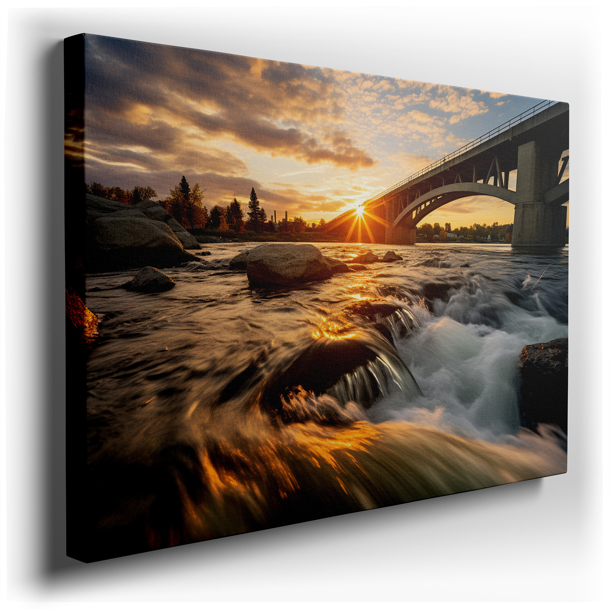 Sunset Through Bridge Arches Over River - A Fusion of Nature's Beauty and Architectural Brilliance, Large Canvas Wall