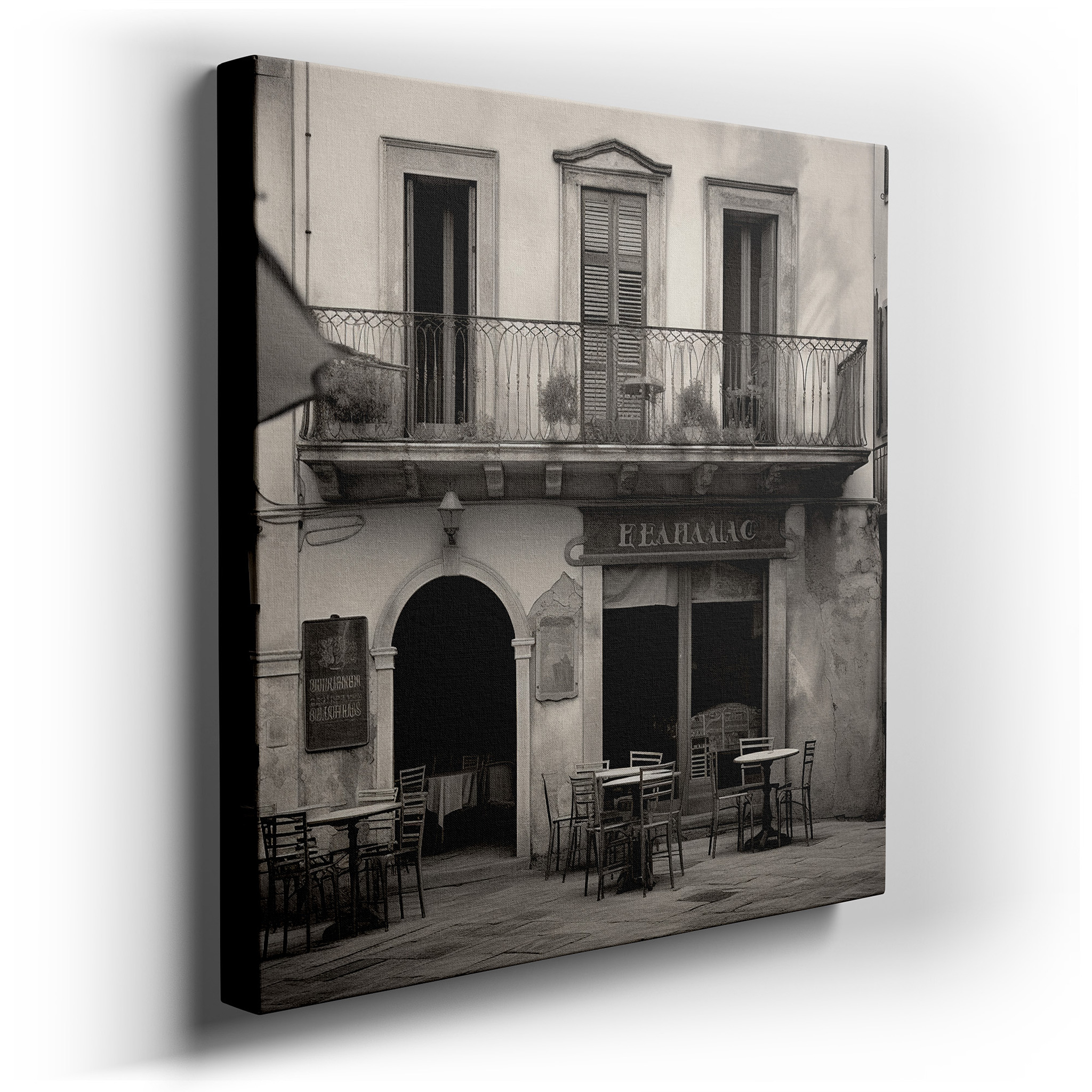 Timeless Elegance of a Classic Restaurant Facade in Black and White - Large Canvas Wall Art for Office, Bedroom, and