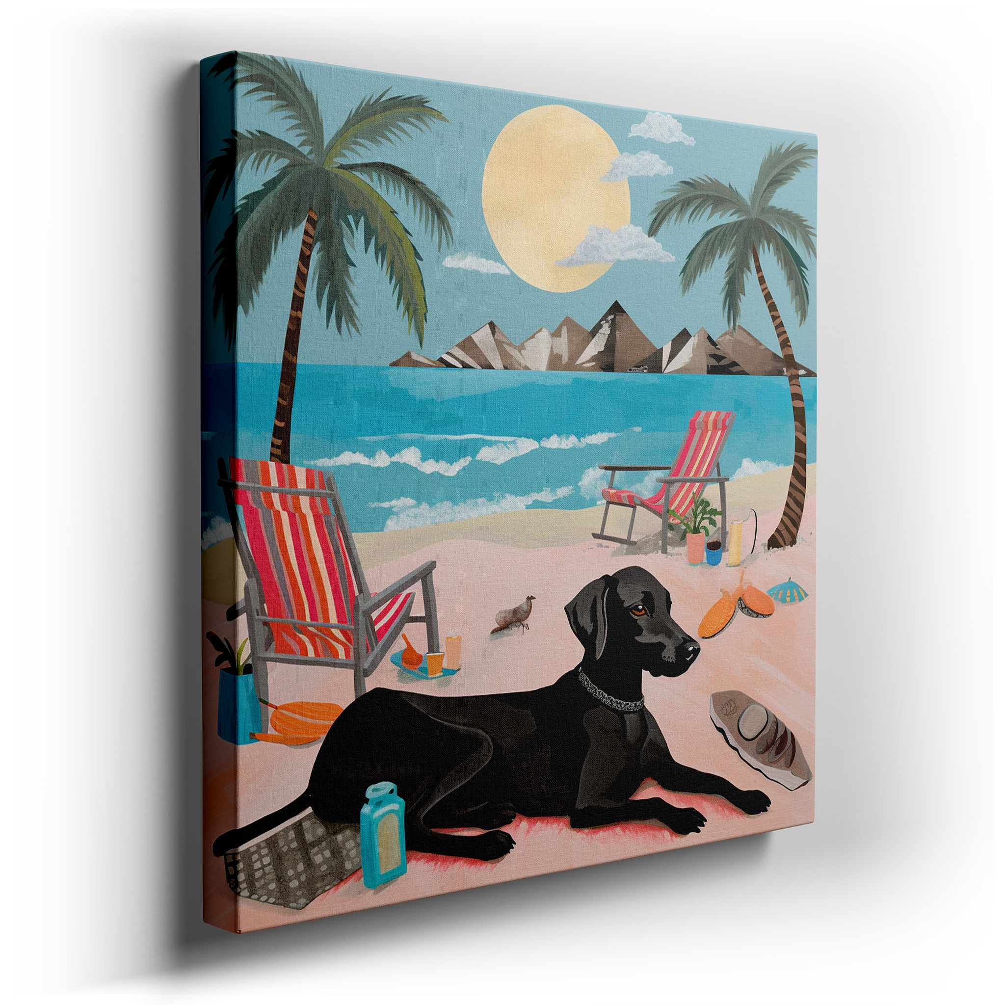 Tranquil Beach Landscape Featuring a Black Dog Among Palms and Gentle Sands - Large Canvas Wall Art for Home and Office