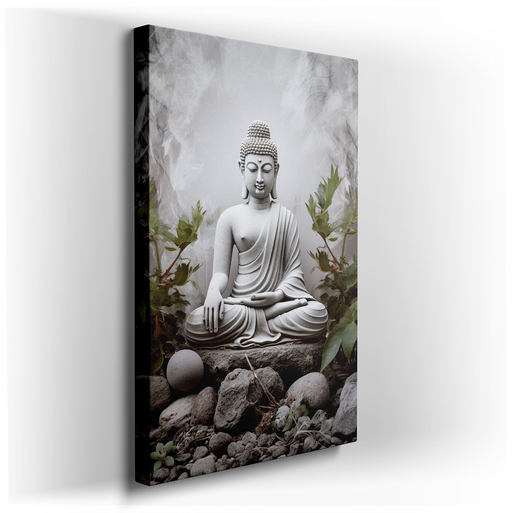 Tranquil Buddha Meditating Among Stones and Greenery, Ideal for Reflective Spaces - Large Canvas Art for Home or Office