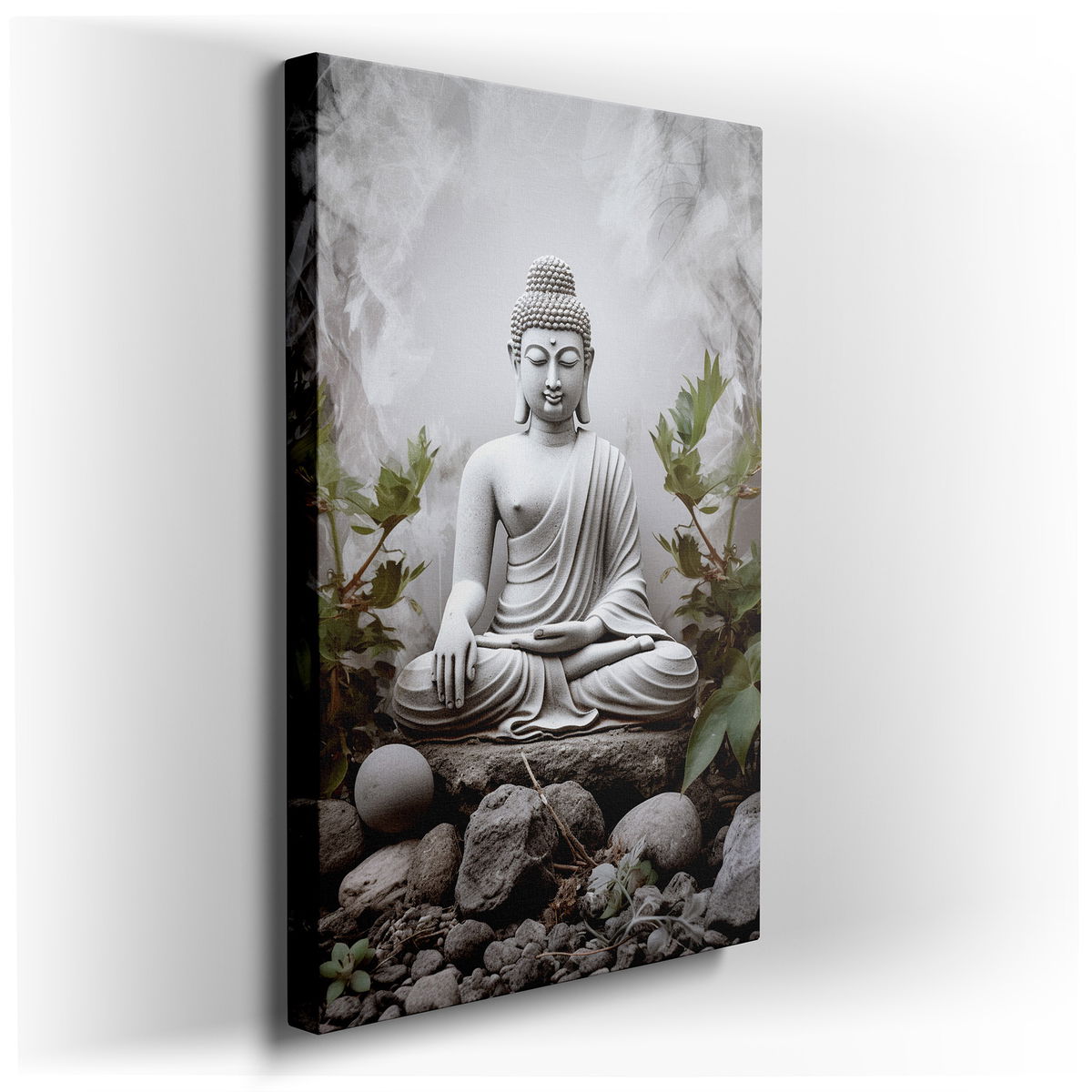 Tranquil Buddha Meditating - Green and Gray Canvas Wall Art
