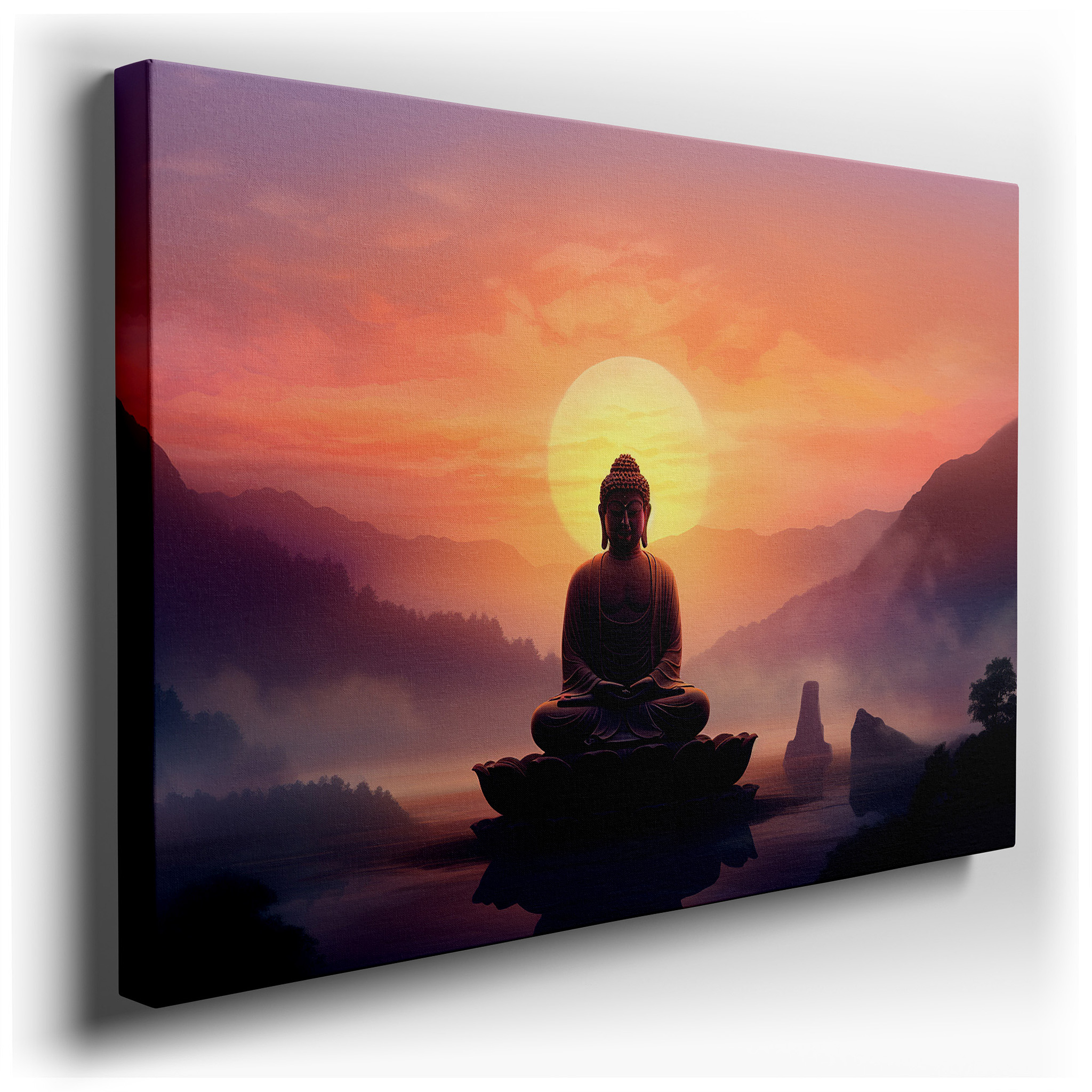 Tranquil Dawn with Buddha on a Lotus - Spiritual Awakening Amidst Misty Mountains - Large Canvas Wall Art for Office