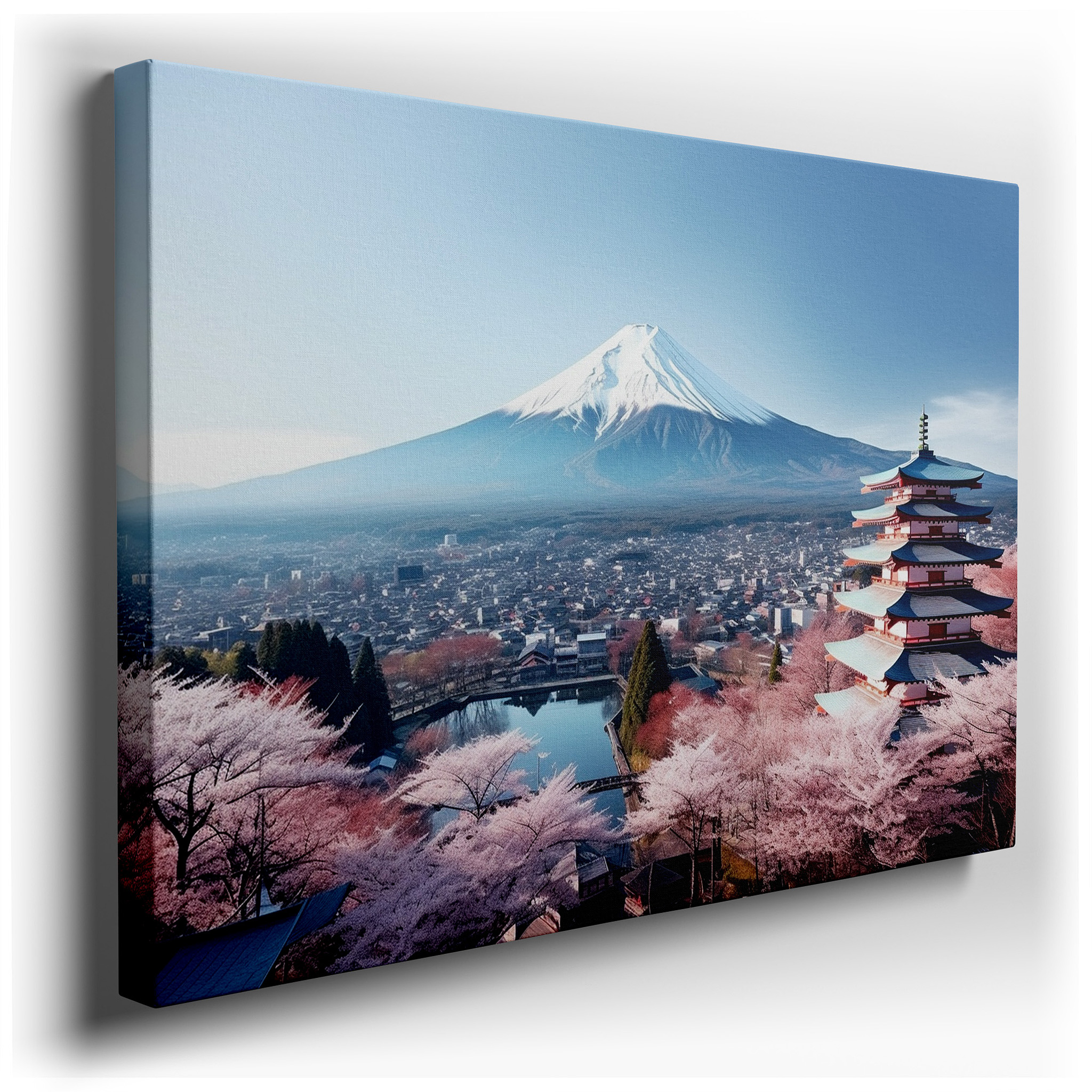 Tranquil Japanese Spring Scene Featuring Sakura in Full Bloom, Mount Fuji, and Traditional Pagoda - Large Canvas Wall