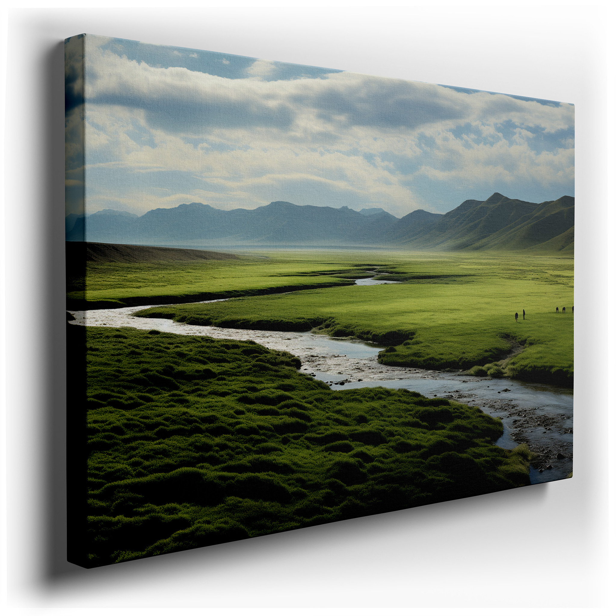Tranquil Landscape Featuring Verdant Fields, Winding River, and Expansive Sky - Large Canvas Art for Home and Office