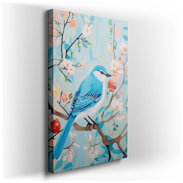 Tranquil Nature Scene - Blue Bird on Flower-Filled Branch Canvas Wall Art