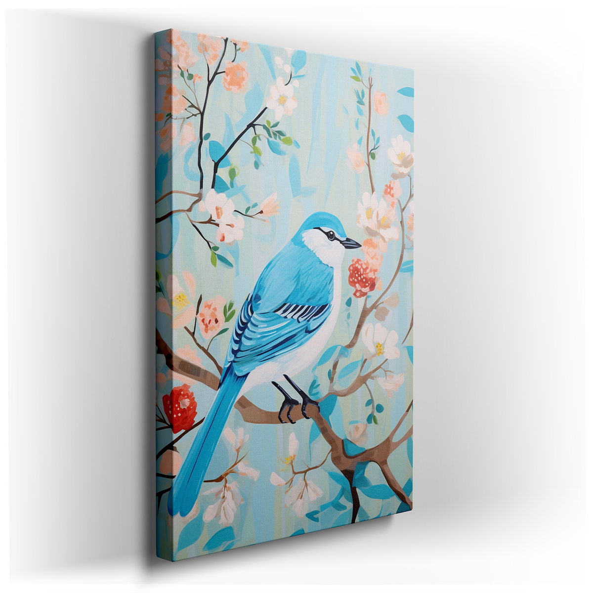 Tranquil Nature Scene - Blue Bird on Flower-Filled Branch Canvas Wall Art