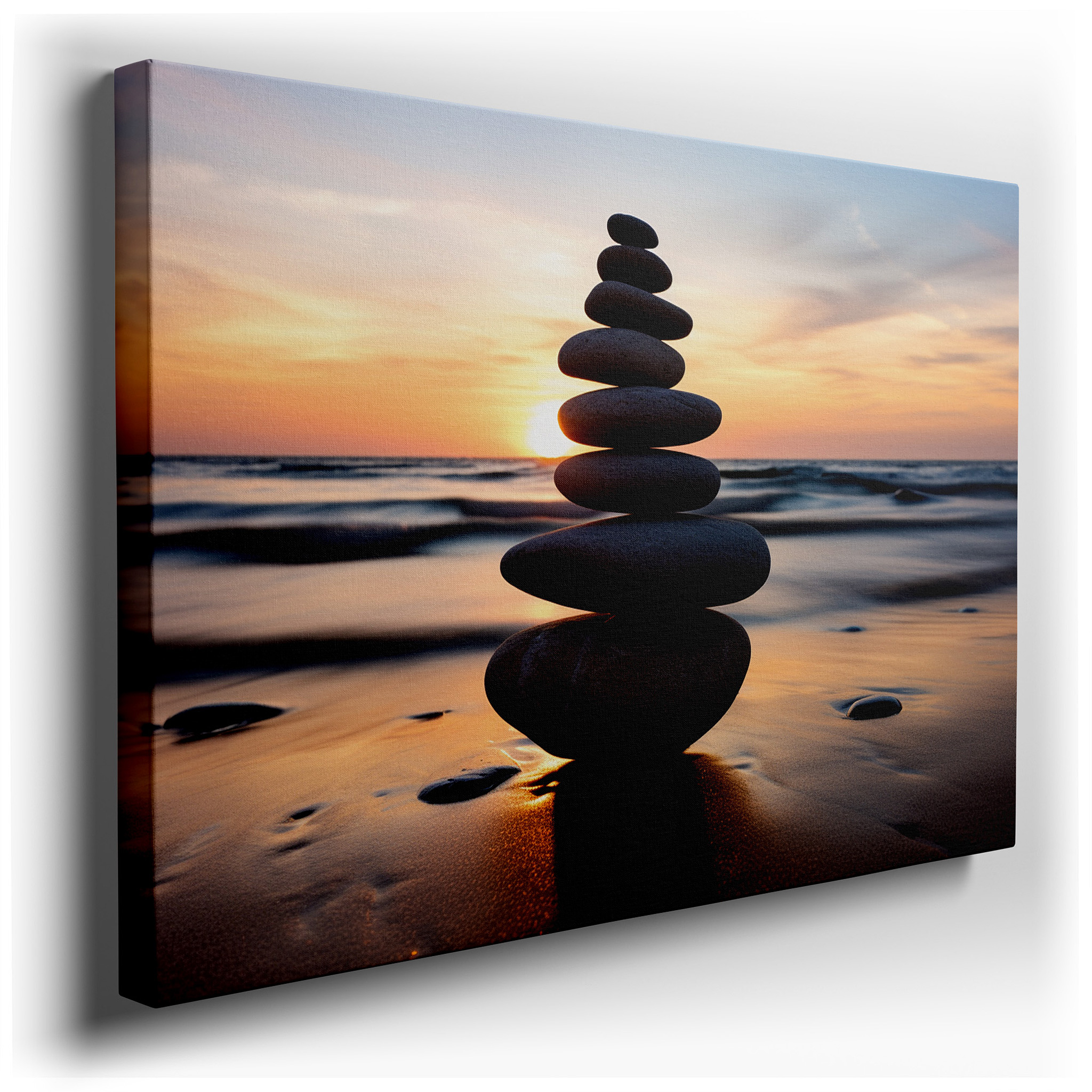 Tranquil Oasis Featuring Pebbles Silhouetted Against a Fiery Sunset, Representing Balance and Serenity - Large Canvas