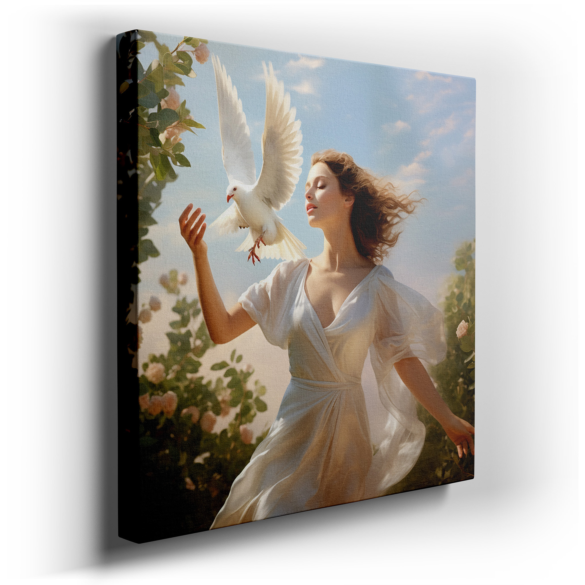 Tranquil Scene of a Woman in a White Dress Holding a Dove, Representing Peace and Freedom - Large Canvas Wall Art for