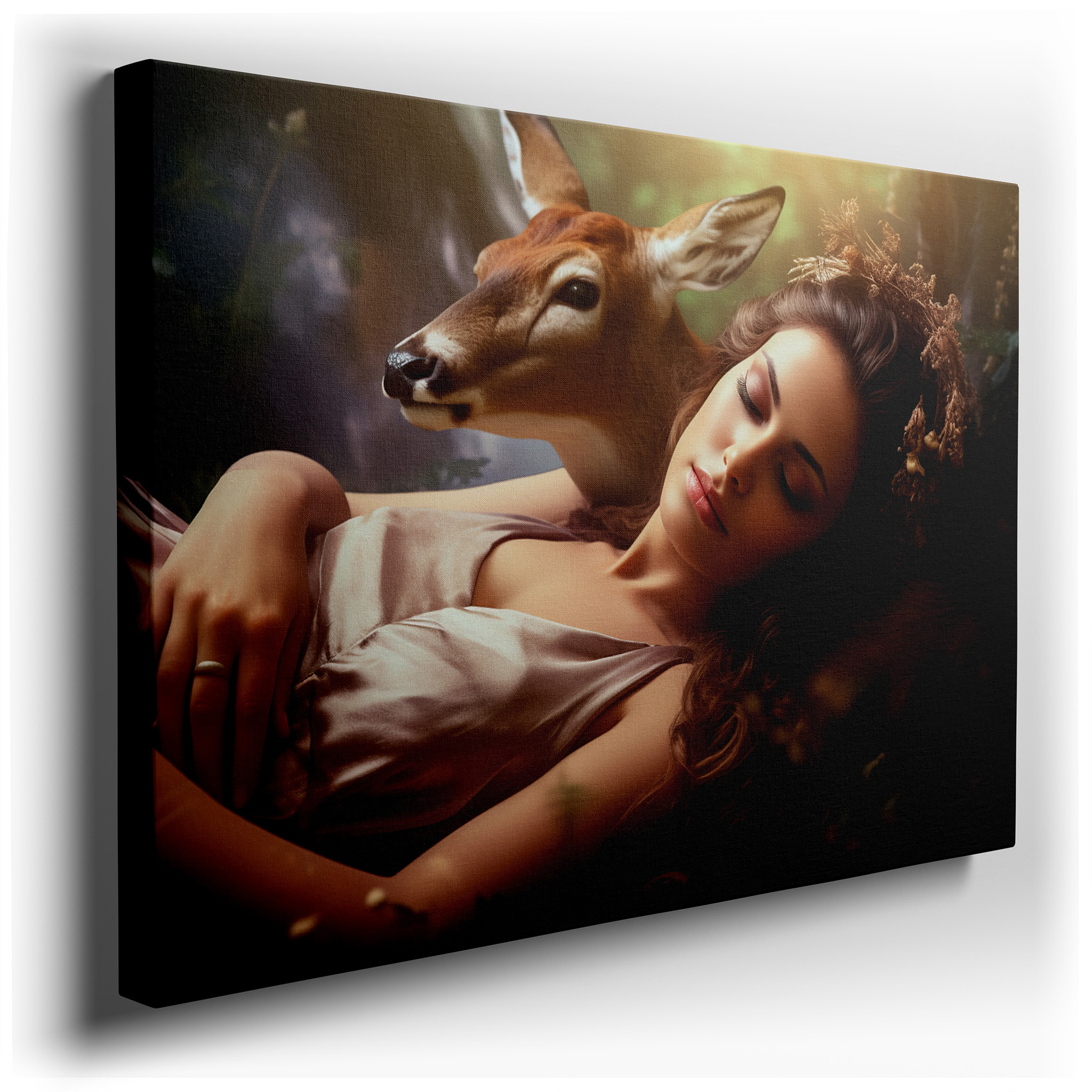 Tranquil Scene of a Young Woman and Deer in Peaceful Embrace - Large Canvas Wall Art for Home and Office Decor, Perfect