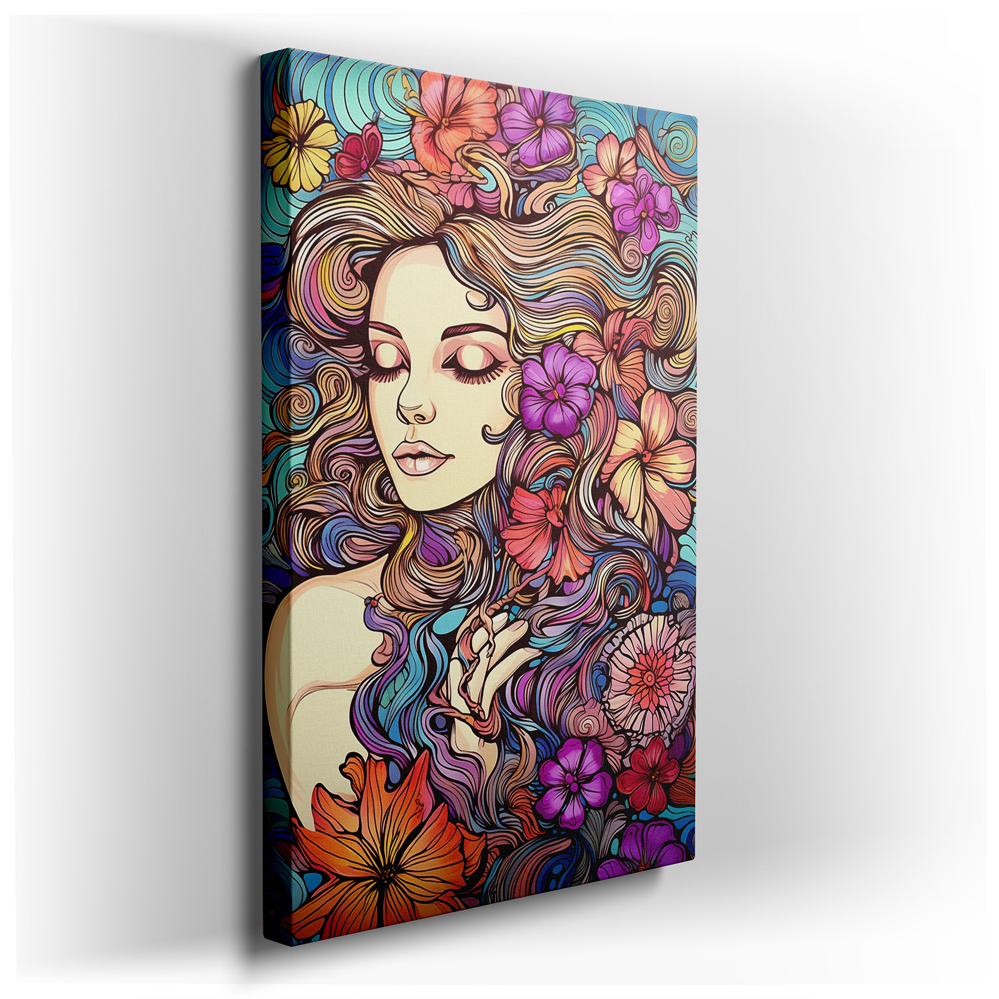 Tranquil Scene of Serene Woman Enveloped by Nature's Vibrant Essence - Large Canvas Wall Art for Office and Bedroom