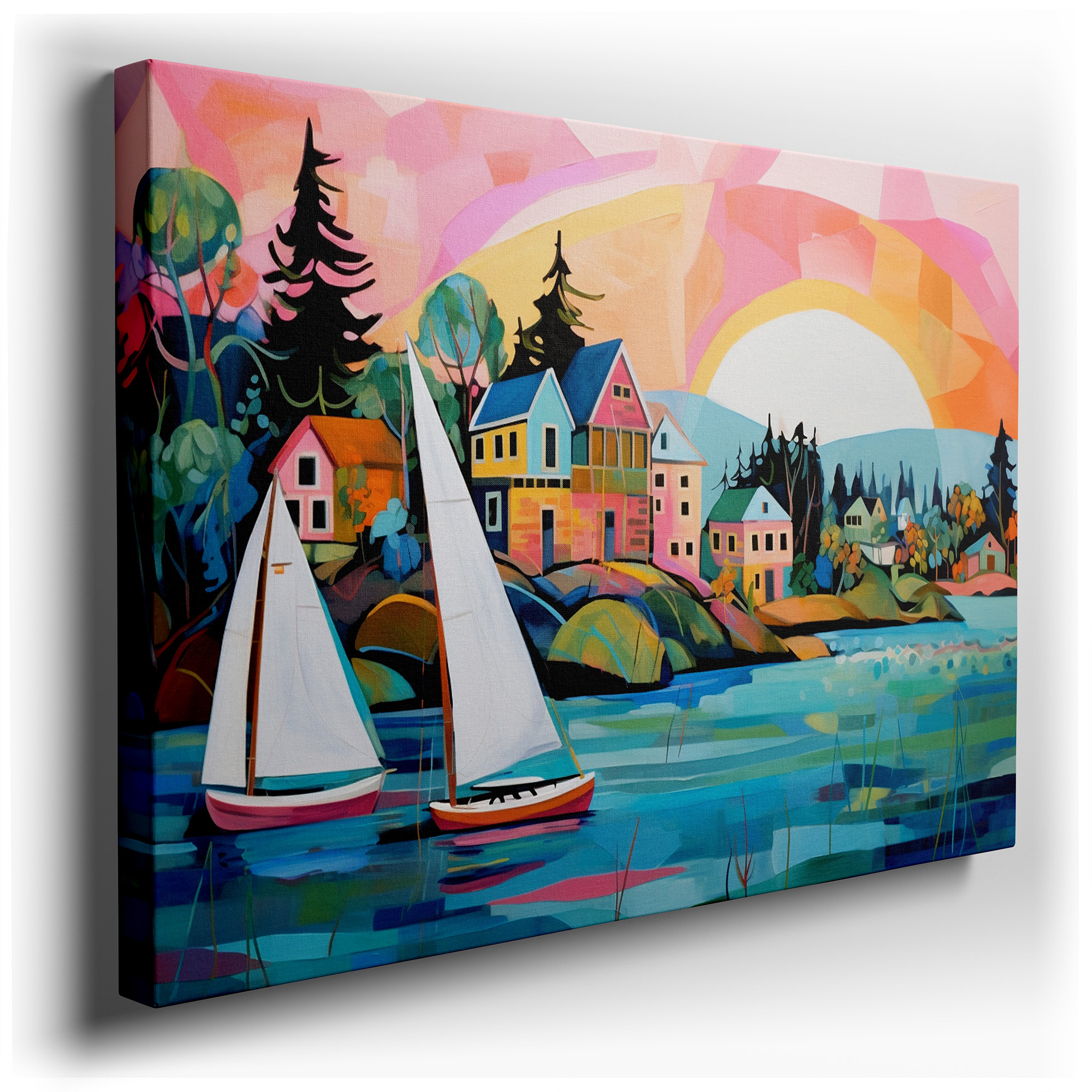 Tranquil Seaside Landscape Featuring Sailboats on Sparkling Waters, Vibrant Coastal Town, and Grand Mountains - Large