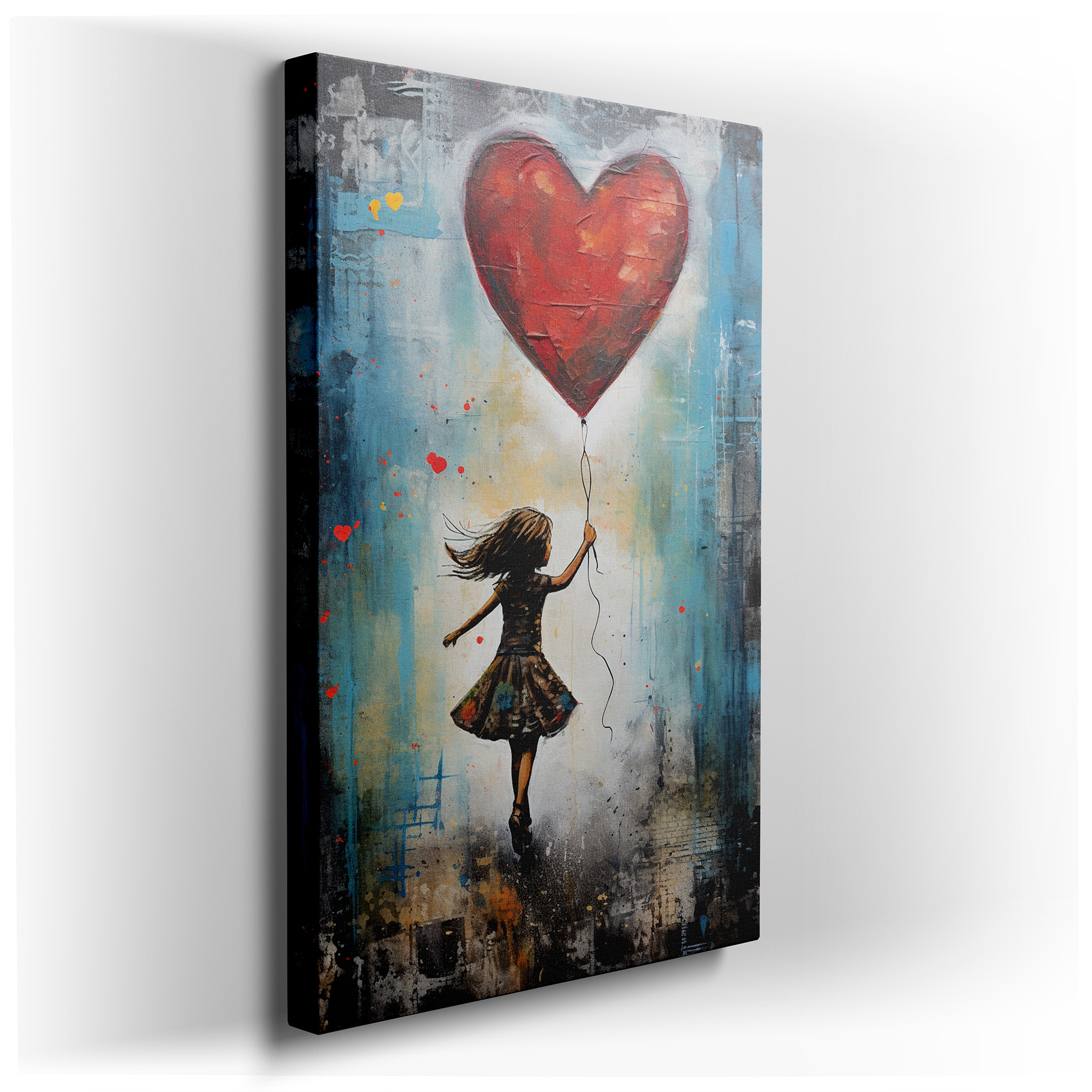 Vibrant Scene of a Young Girl Running with a Heart - Shaped Balloon - Large Canvas Art for Home and Office Decor,