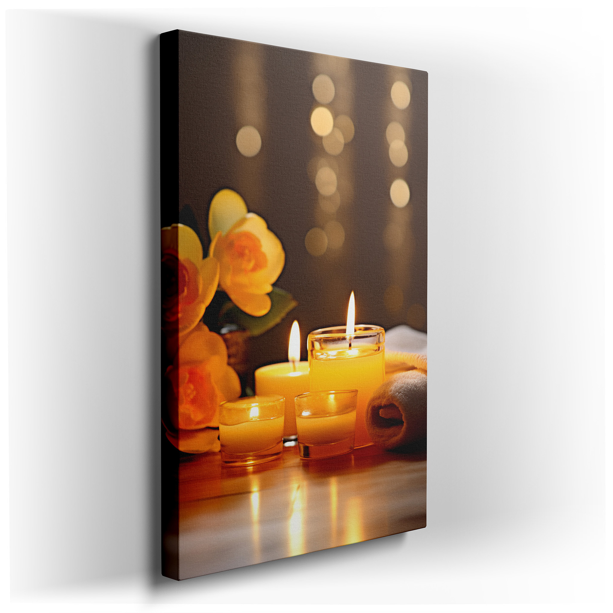 Wall Decor: A Harmonious Display of Yellow Blooms and Soft Candlelight, Capturing Serenity and Happiness. Ideal for