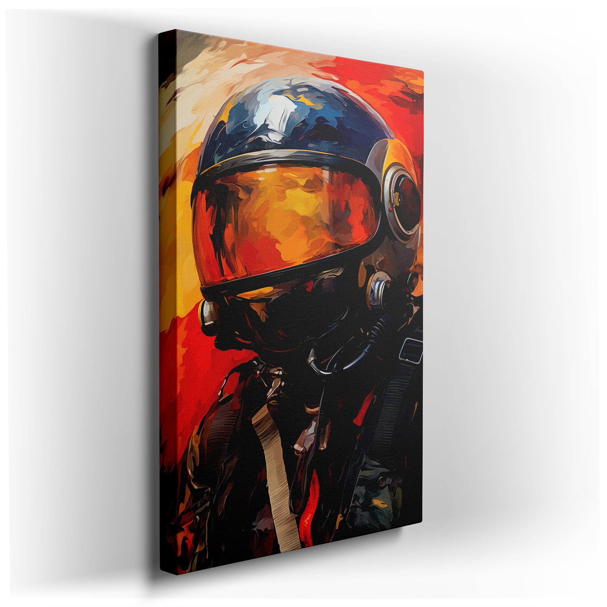 Wall Decor: Advanced Aviation and Exploration, Pilot with Modern Helmet Against a Fiery Sky, Large Canvas Wall Art for