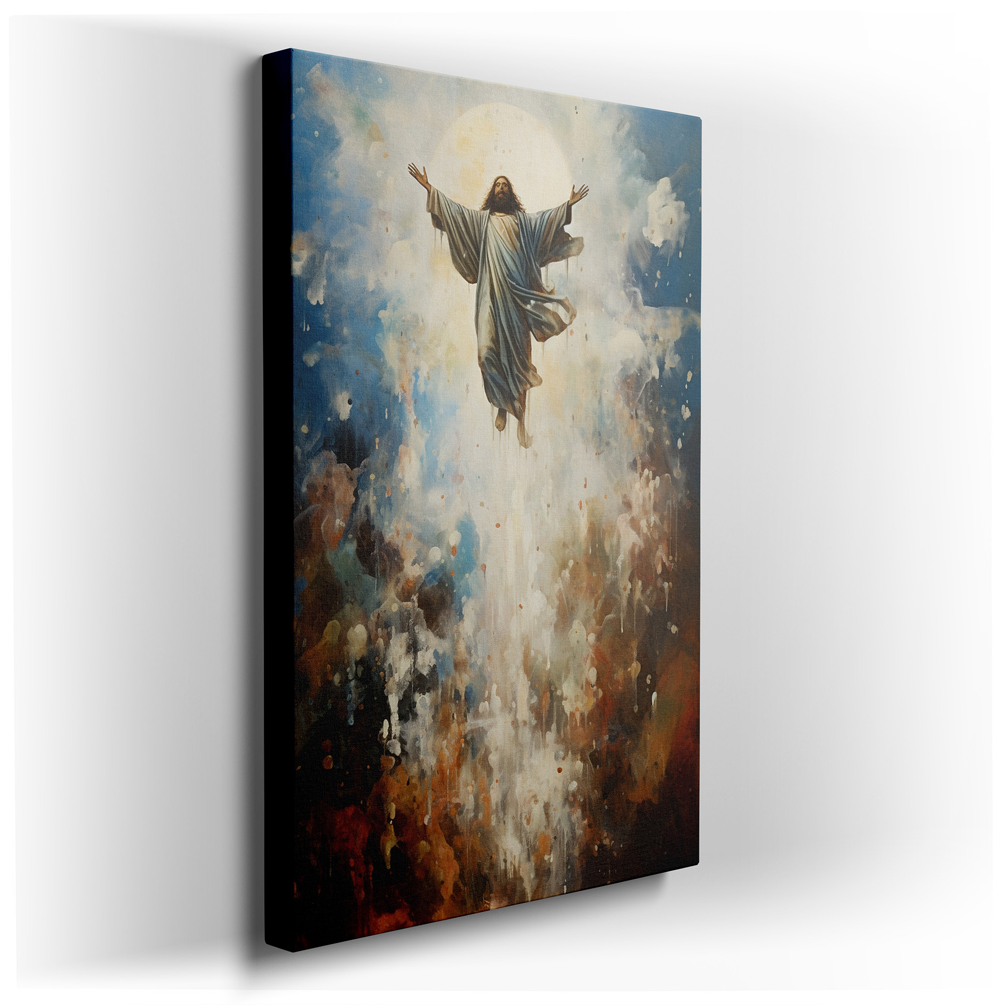 Wall Decor: "Ascension Amidst Vibrant Hues" - A Celestial Journey in Blues, Golds, and Reds. Large Canvas Art for