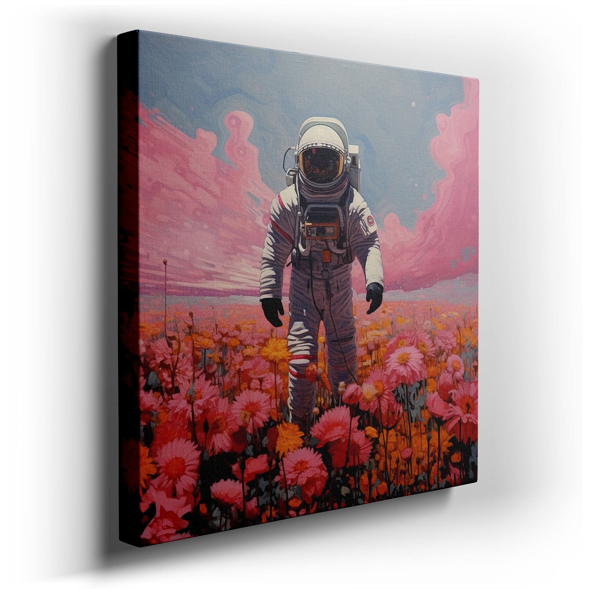 Wall Decor: Astronaut with Glowing Flowers - A Surreal Fusion of Space Adventure and Natural Charm, Large Canvas Art