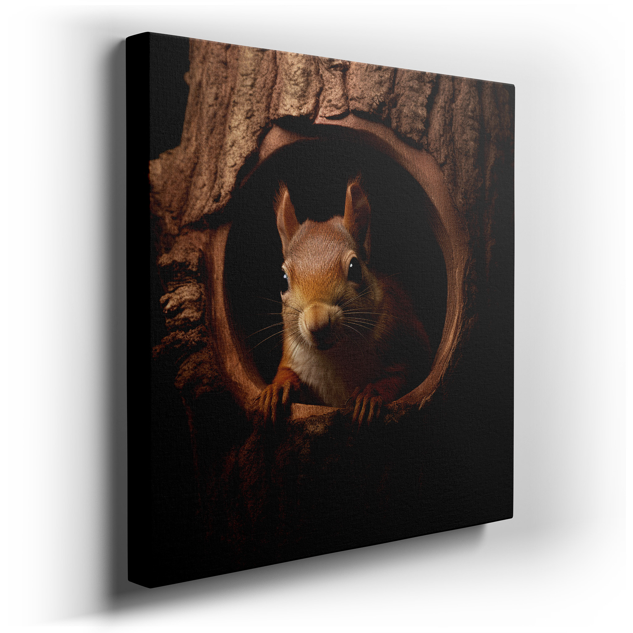 Wall Decor: Charming Squirrel Emerging from Tree Hollow - A Striking Display of Wildlife Playfulness and Mischief,