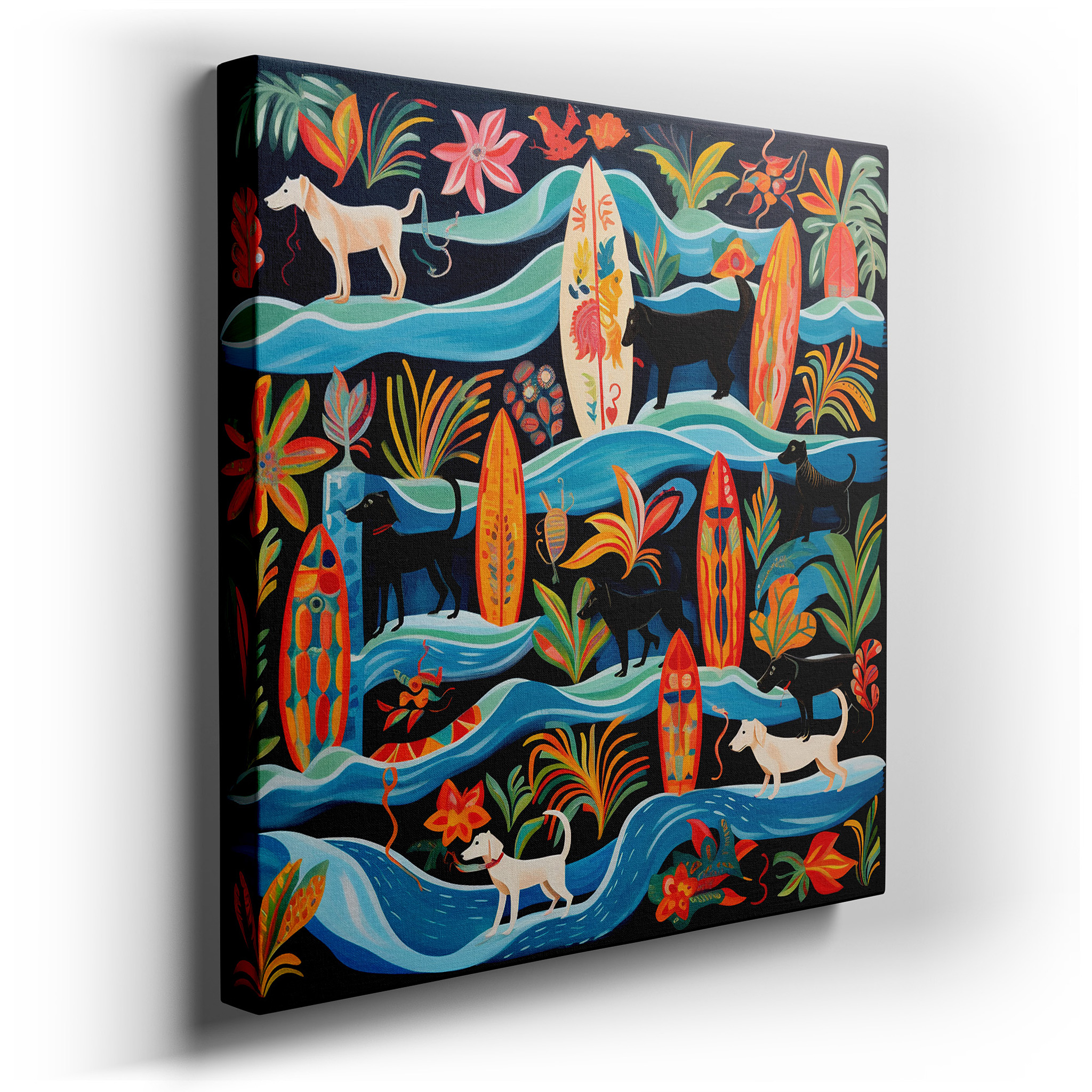 Wall Decor: Cheerful Dogs on a Tropical Beach Featuring Black Labradors and Vibrant Surfboards - Large Canvas Art for