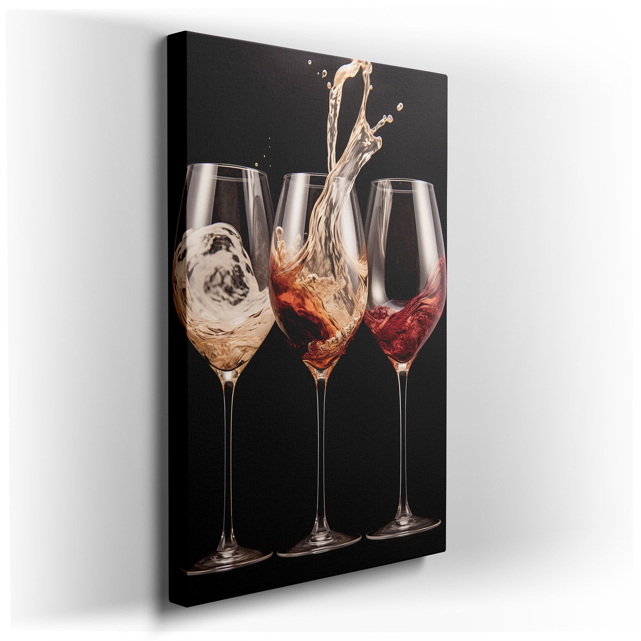 Wall Decor: Elegant Dance of Wine on a Stark Black Background - Large Canvas Art Perfect for Home or Office wrapped