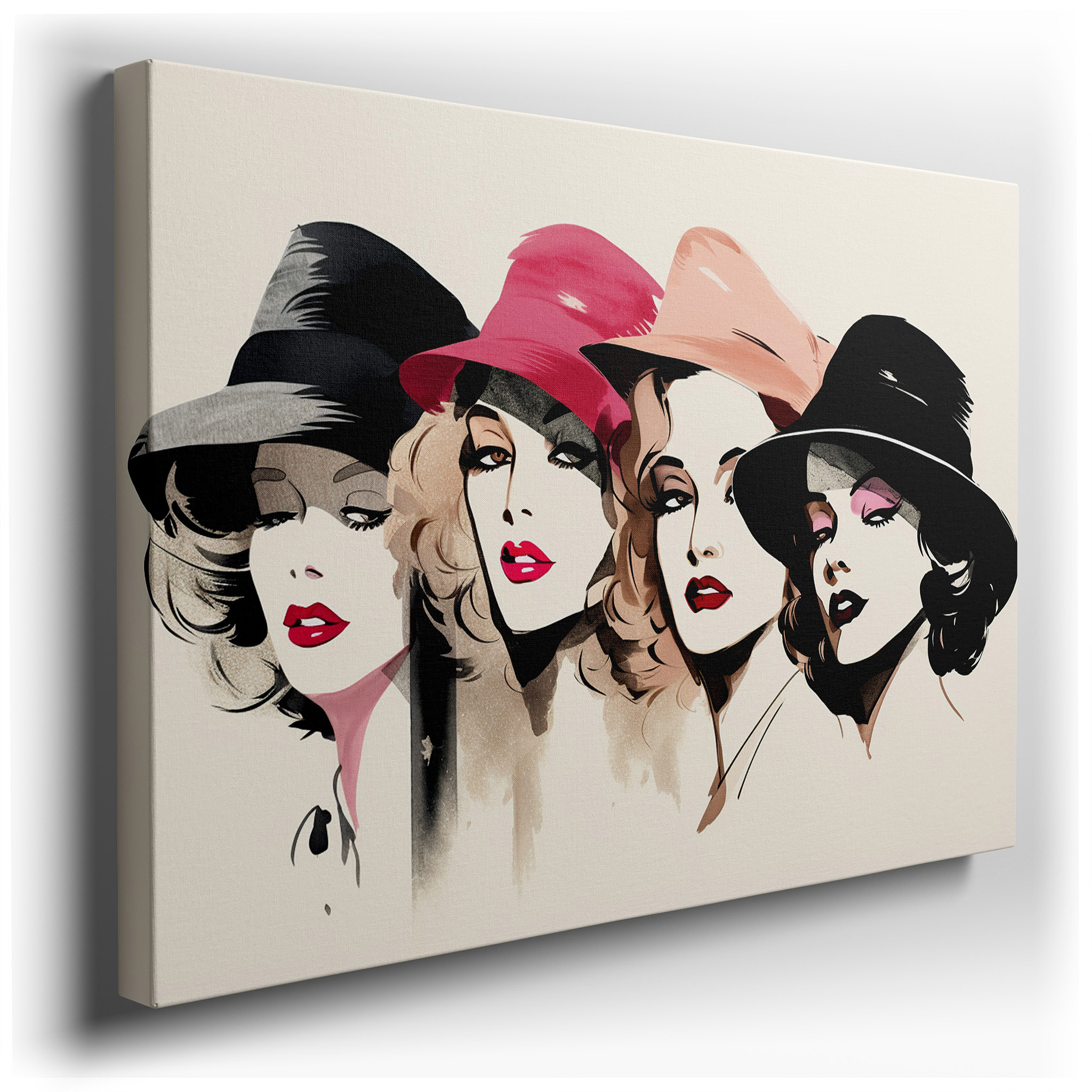 Wall Decor: Elegant Early 20th Century Fashion with Four Women in Unique Hats - Large Canvas Art for Home and Office