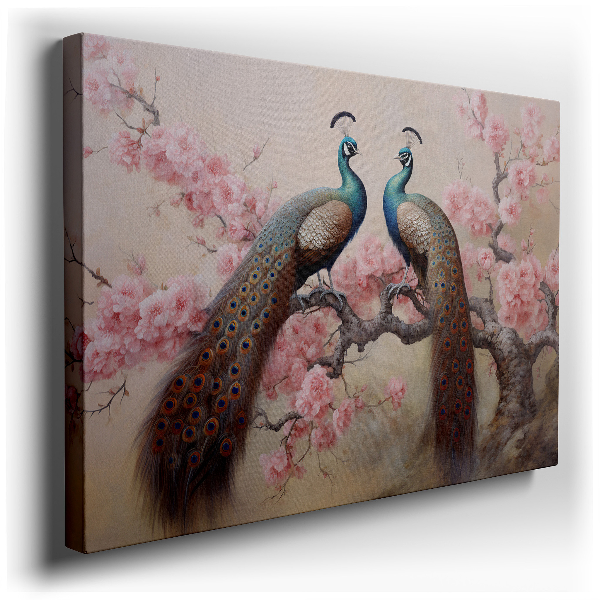 Wall Decor: Elegant Peacocks and Cherry Blossoms, Symbols of Beauty and Rebirth - Large Canvas Art for Home and Office