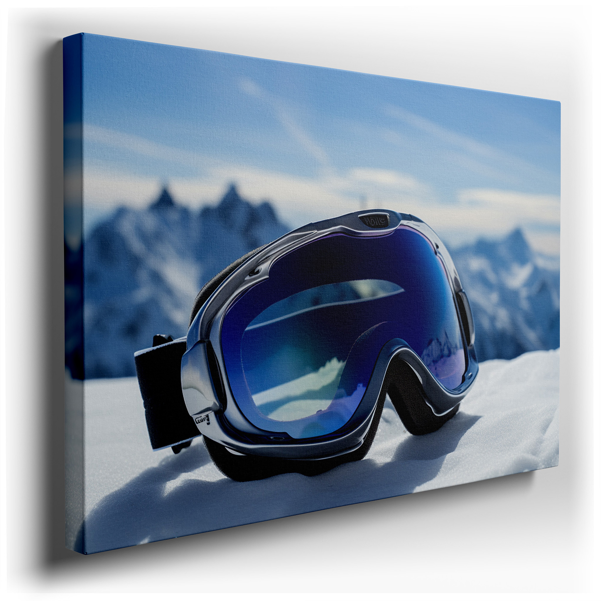 Wall Decor: Elegant Winter Sports Scene with Reflective Ski Goggles and Snow - Capped Peaks - Large Canvas Art for
