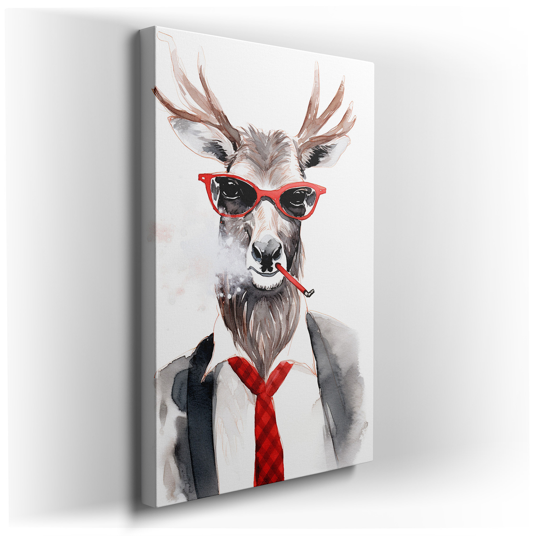 Wall Decor: Elegant Yet Playful Deer in Suit and Red Sunglasses - Large Canvas Art for Office and Home wrapped canvas