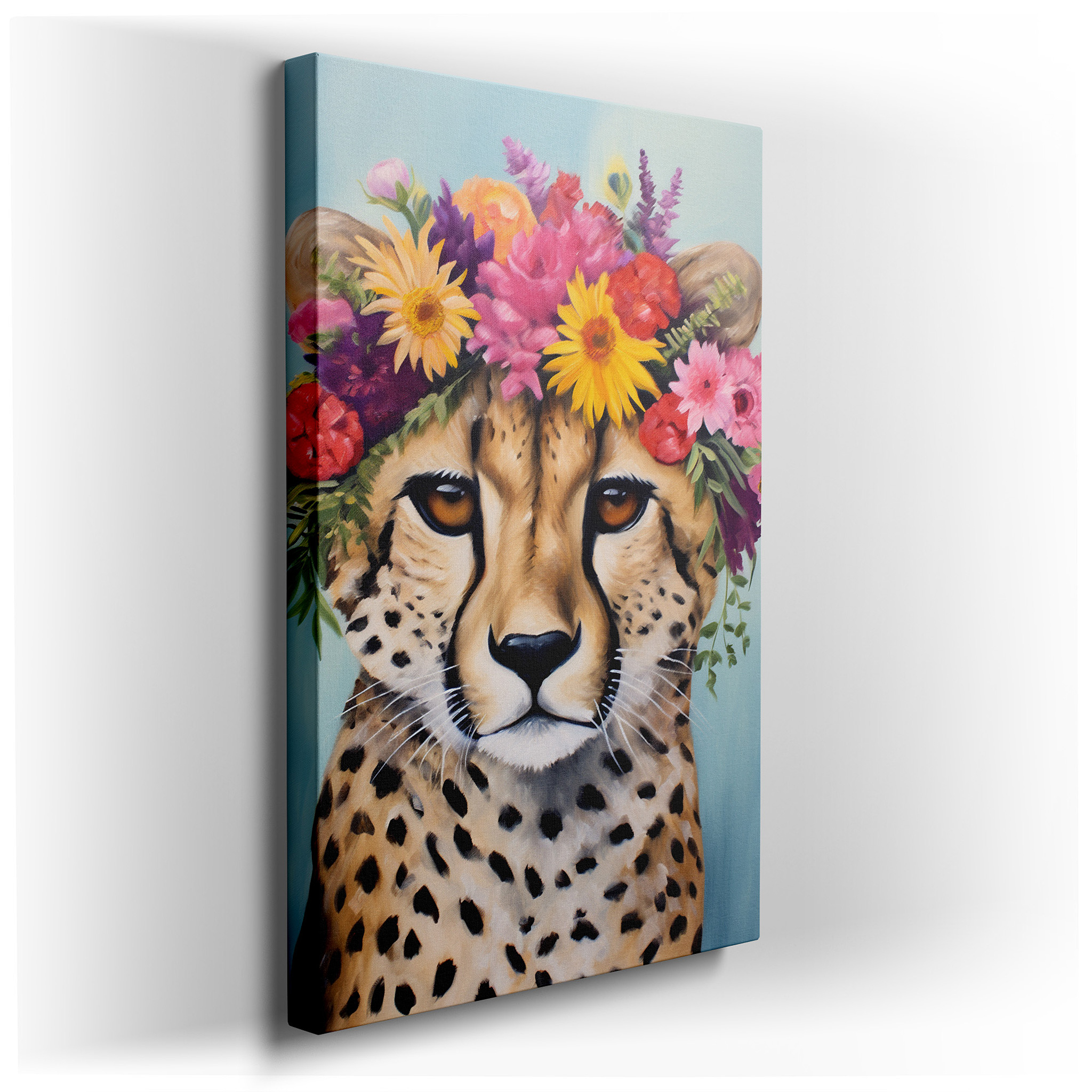 Wall Decor: Enchanting Cheetah Adorned with Flower Crown - A Fusion of Wilderness Elegance and Creative Playfulness,