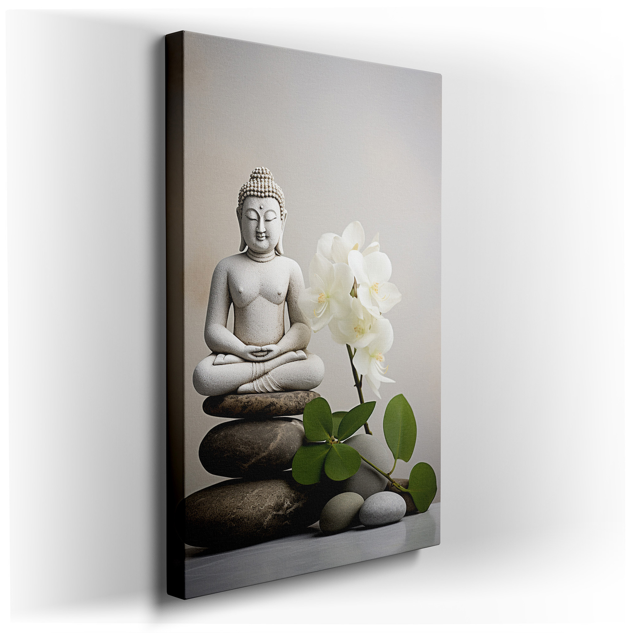 Wall Decor: Eternal Serenity - Large Canvas Featuring a Buddha Statue, Orchids, and Pebbles, Symbolizing Calm and
