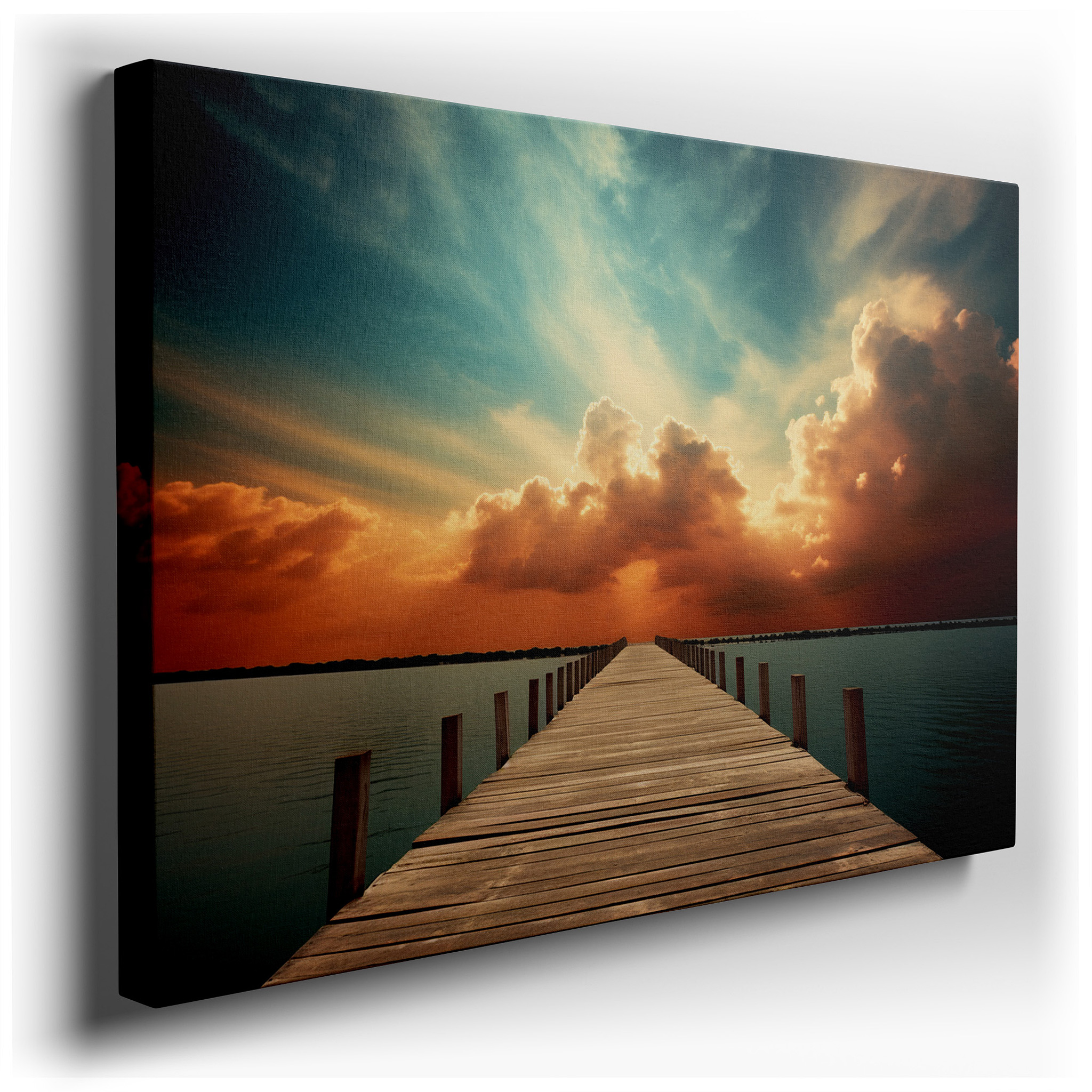 Wall Decor: Explore Tranquility with a Rustic Pier and Vivid Sunset Reflections - Large Canvas Art for Home and Office