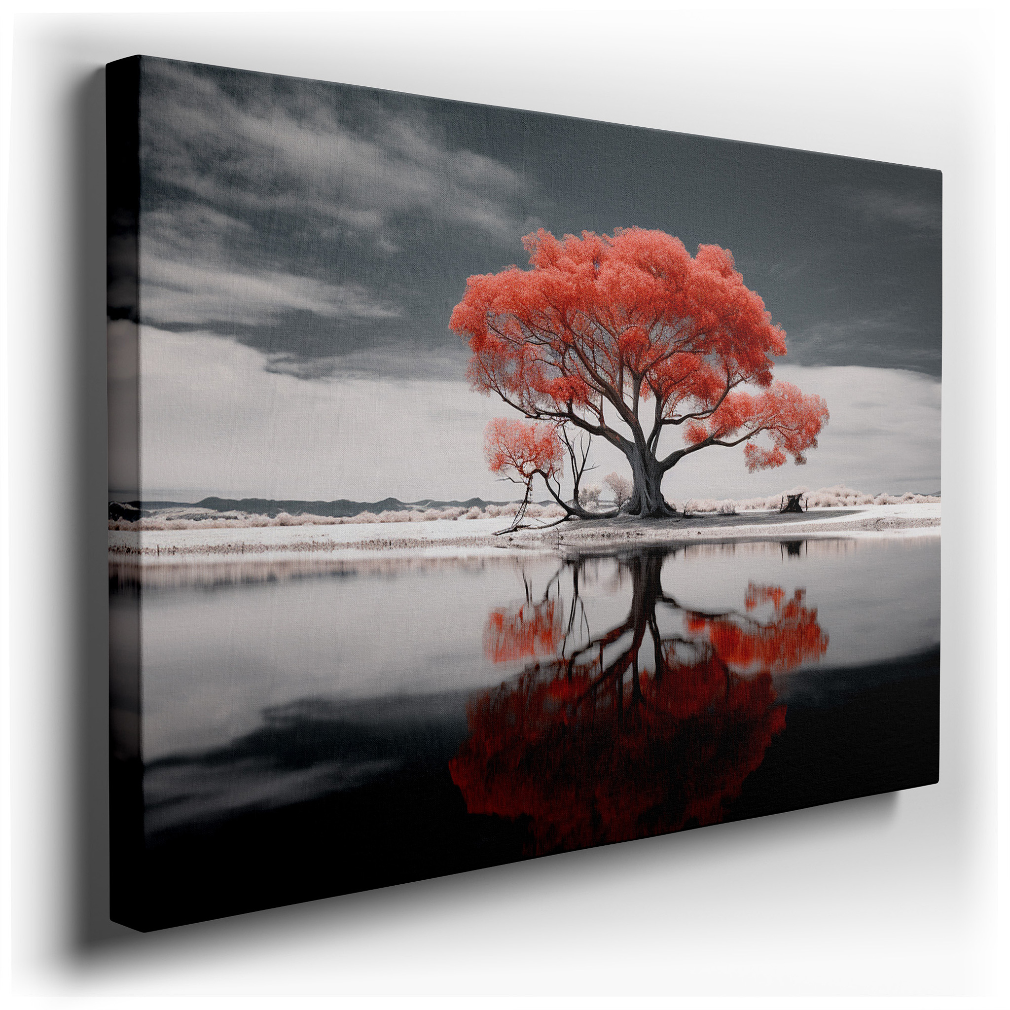 Wall Decor: Fiery Red Tree Against Calm Waters - Striking Natural Contrast of Energy and Tranquility, Large Canvas Wall