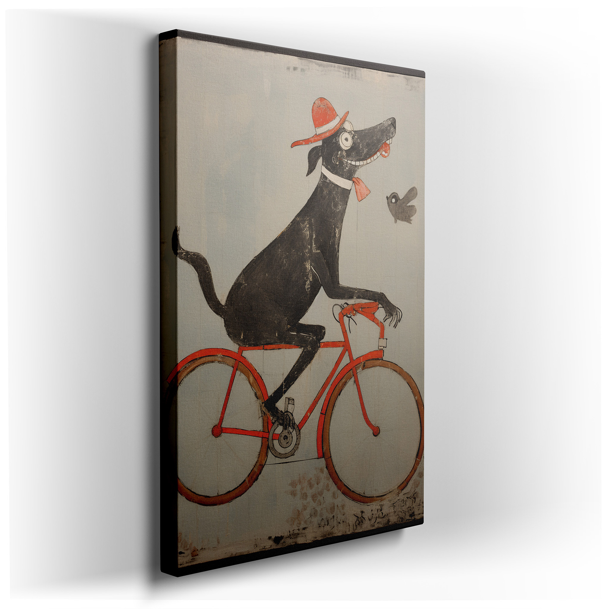 Wall Decor: Joyful Black Dog on an Orange Bicycle with a Red Hat - Large Canvas Art for Office and Bedroom wrapped