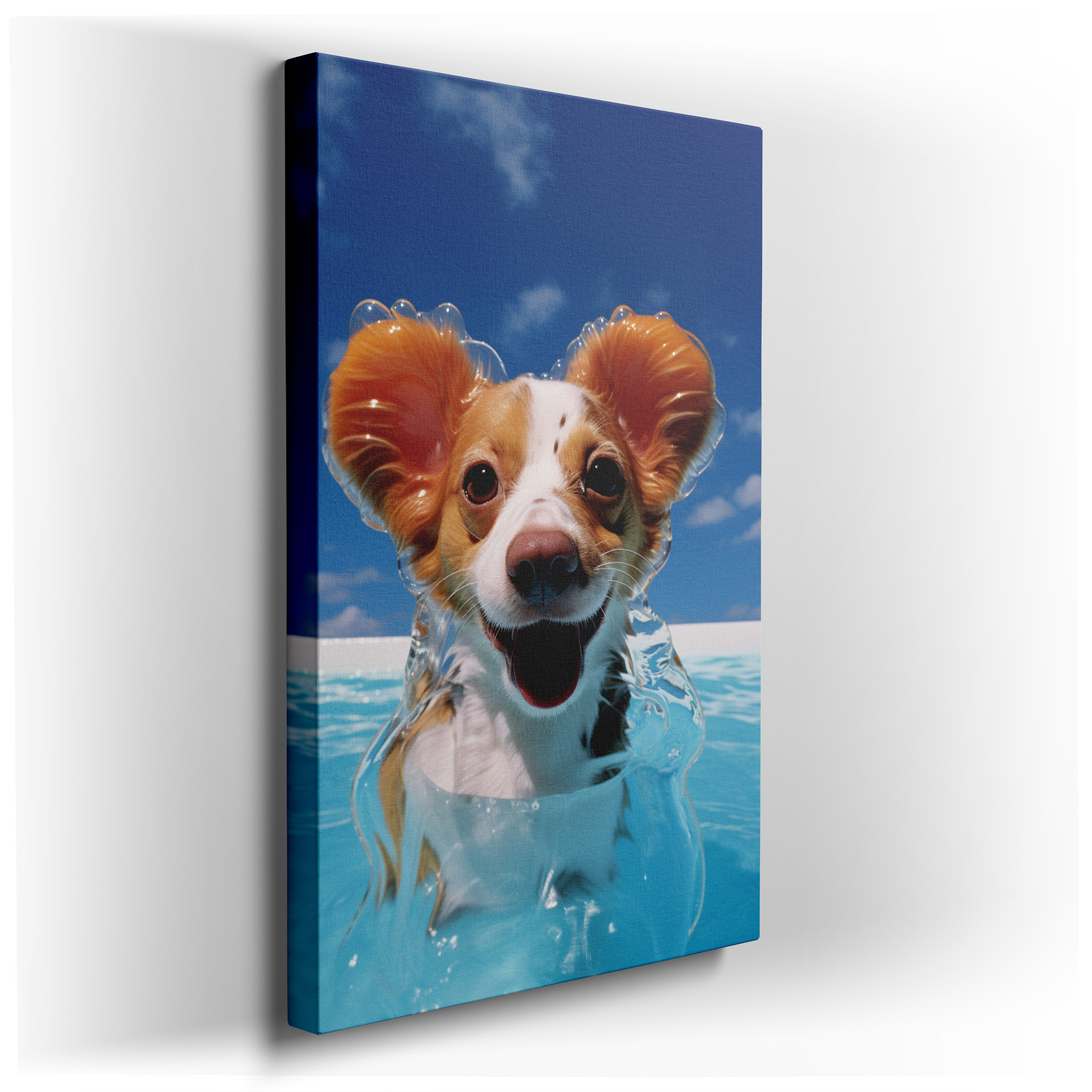 Wall Decor: Joyful Dog Frolicking in a Sunny Pool - A Tribute to Summer Fun and Vibrant Energy, Large Canvas Wall Art