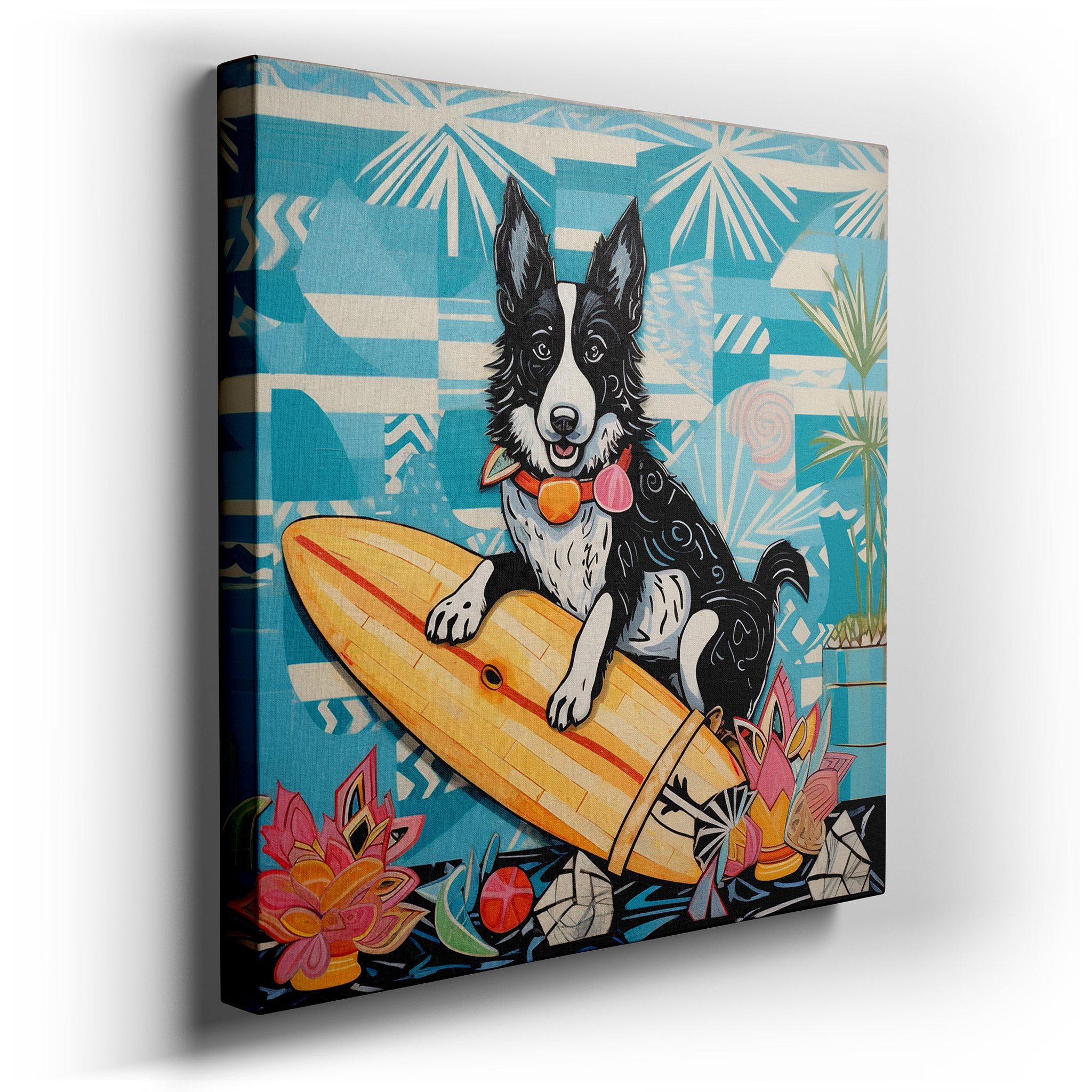 Wall Decor: "Joyful Summer Adventures" - Surfing Dog in Sunglasses, Large Canvas Art for Office, Bedroom, and Living