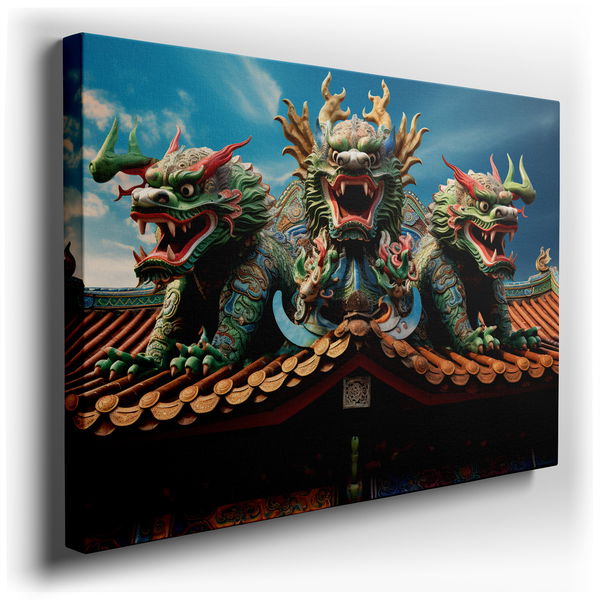 Majestic Dragons Overseeing the Temple Roof - Asian Inspired Canvas Wall Art