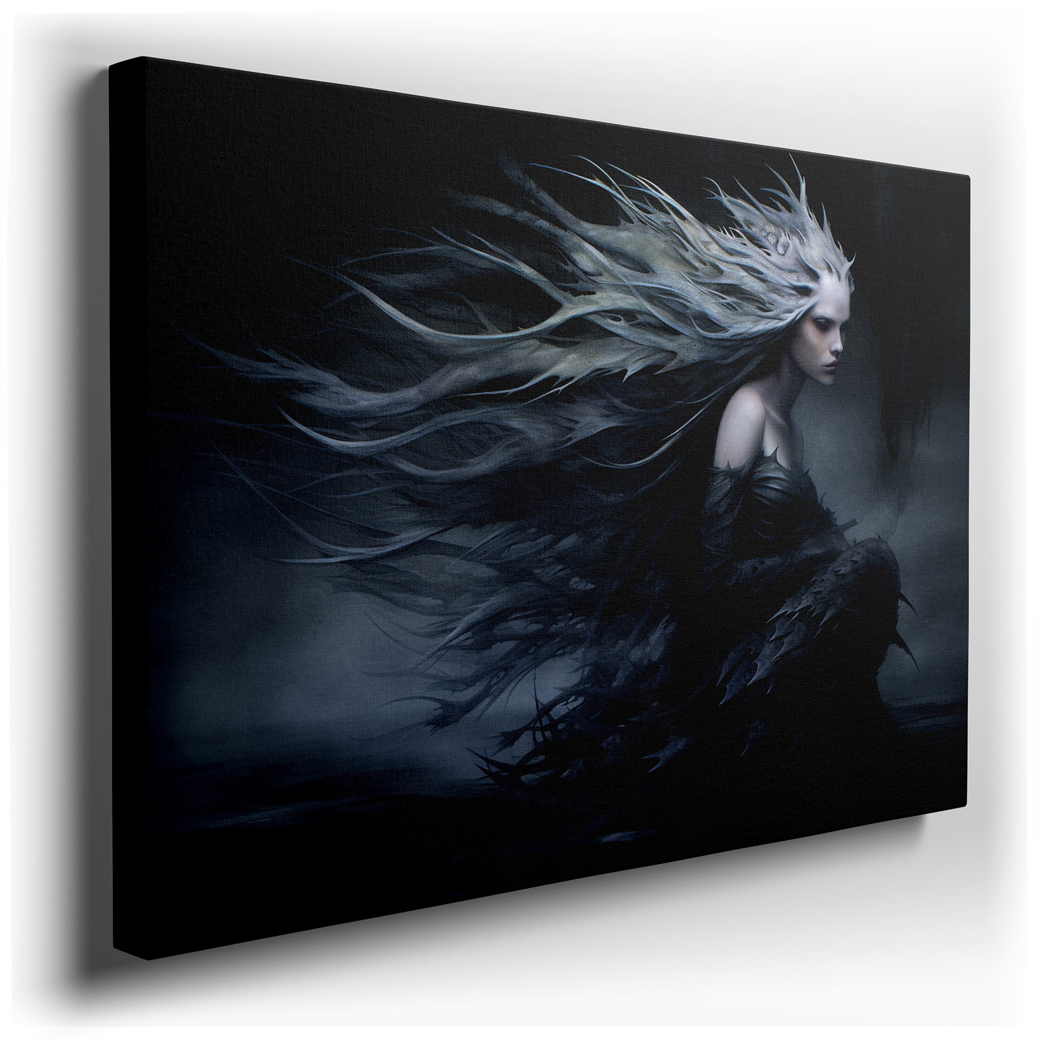 Wall Decor: Majestic Female Figure Shrouded in Swirling Shadows, Capturing Emotional Intensity and Artistic Grace -