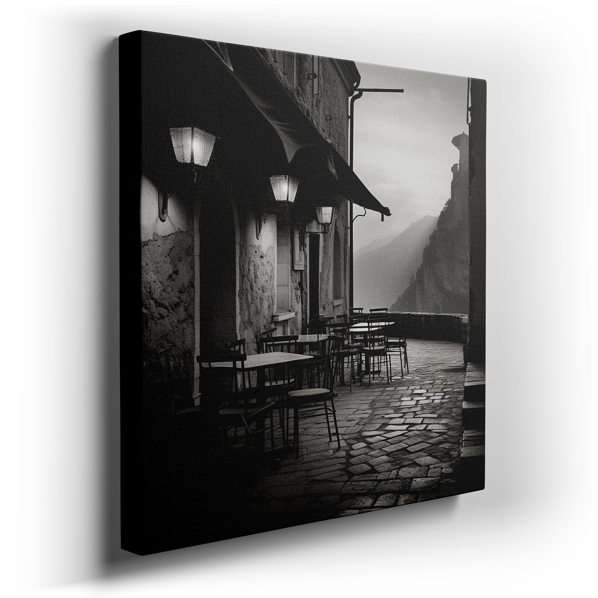 Wall Decor: Peaceful Cobblestone Alley Adorned with Lanterns - Timeless Black - and - White Photo for Calm